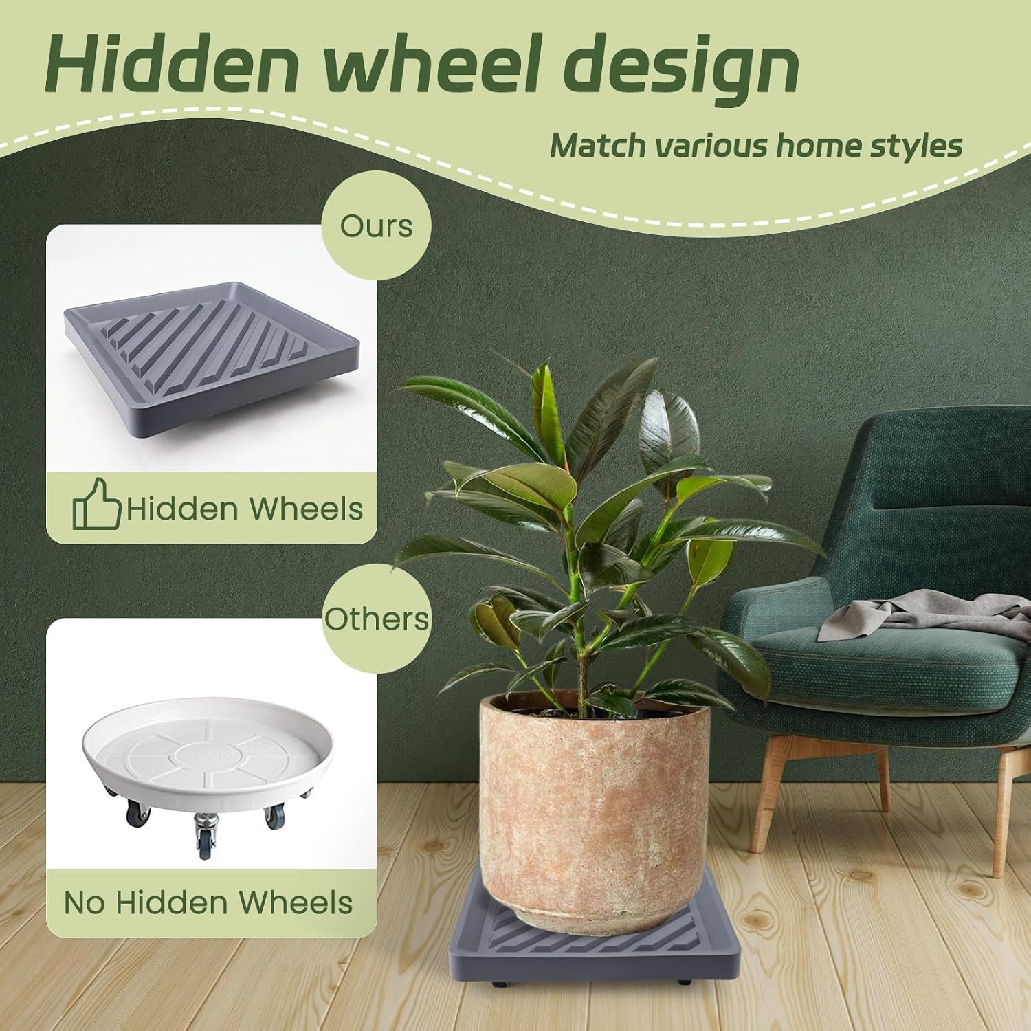 Huakaile 2 Pieces 9.44''/24 CM Square Plant Caddy with Wheels, Heavy Duty PP 360° Rolling Plant Stand Dolly, Planter Roller Flower Pot Base Saucer Caster for Indoor Outdoor, Gray (9.44''/24 CM)
