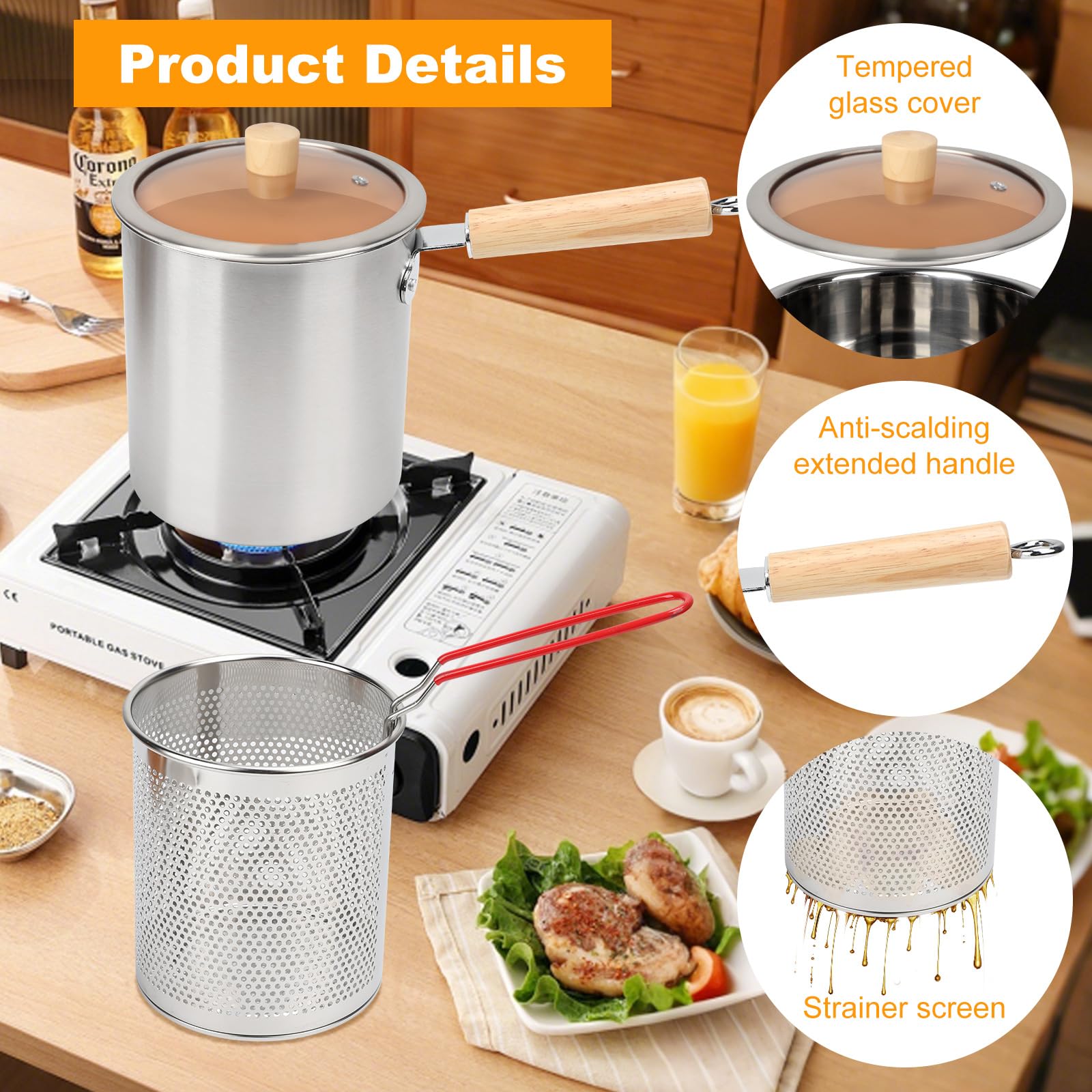 Mini Friteuse avec Panier Passoire,Pots de Filtre à Huile en Acier Inoxydable Avec Couvercle Et Clip Anti-PoussièRe, RéCipient Graissee PoignéE Pour Graisse Cuisson Frire pour Frites,Poisson (3L)