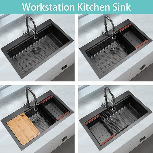 Miniatura 5 de Fregadero de cocina, fregadero de cocina negro de 33 x 22 pulgadas, fregadero de cocina de acero inoxidable, fregadero de cocina de un solo tazón,
