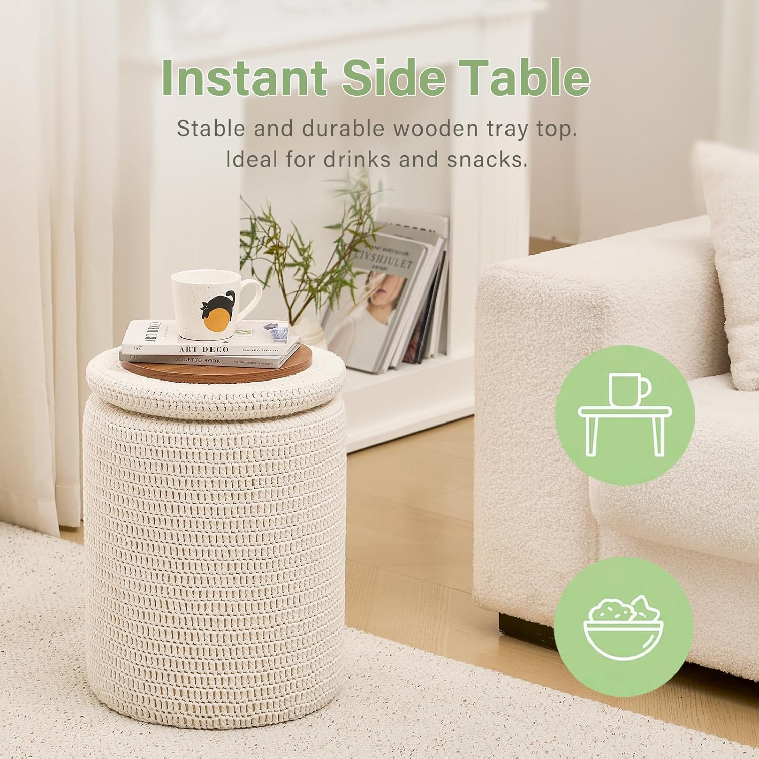 Wimarsbon Pouf Ottoman, 100% Cotton Knitted Boho Footstool, Round Footrest with Non-Skid Wood Legs, Home Décor Handmade Pouffe, Leisure Floor Step Stool for Living Room (14inch White Storage Ottoman)