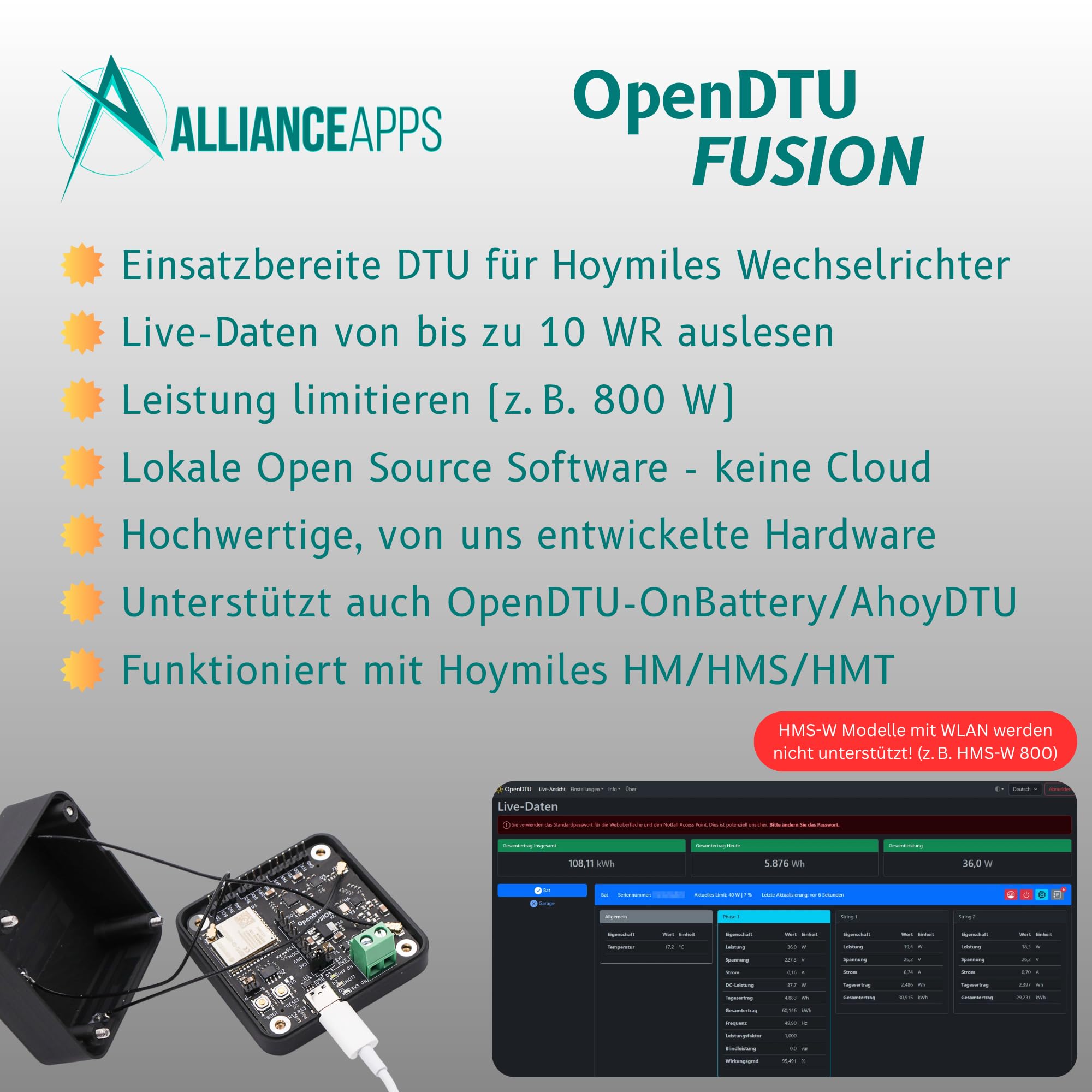 OpenDTU Fusion compatible con inversores Hoymiles para serie HM/HMS/HMT - Planta de energía de balcón - USB-C, ESP32-S3, NRF24L01+, CMT2300A, antenas internas