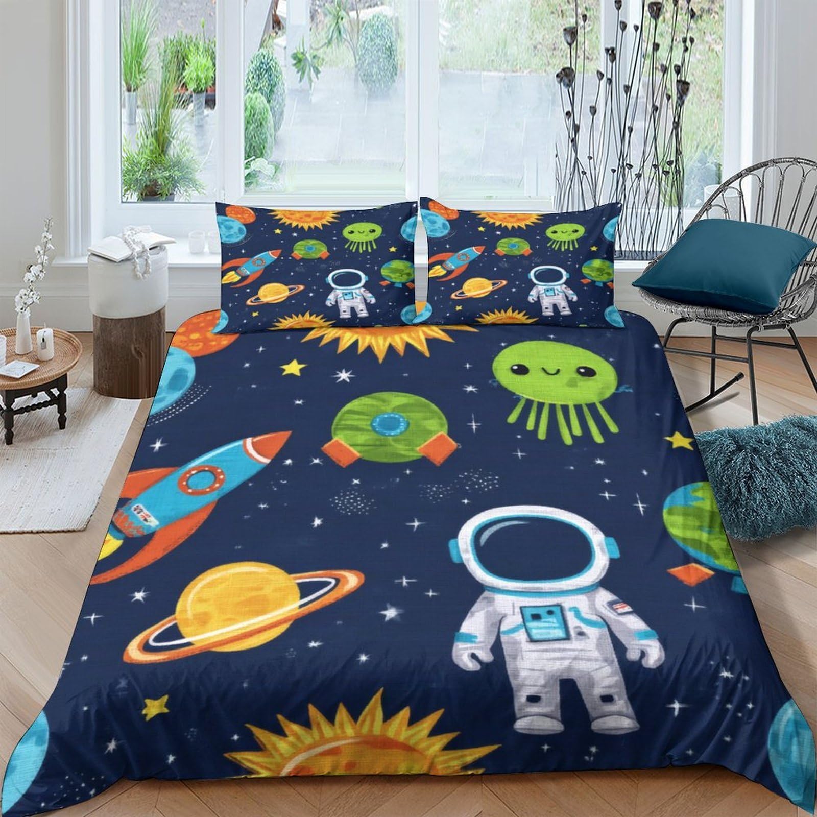 GPLZQXKJNH 3D Printed Space Rocket Duvet Cover Microfiber Soft Astronaut Planet Bedding Set with 2 Pillowcases for Bedroom Decor Single（135x200cm）