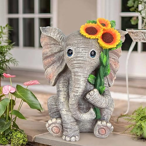 Miniatura 2 de Estatua de escultura al aire libre, estatua de elefante, estatuas solares de jardín para decoración de patio, hogar, elefante de girasol de buena