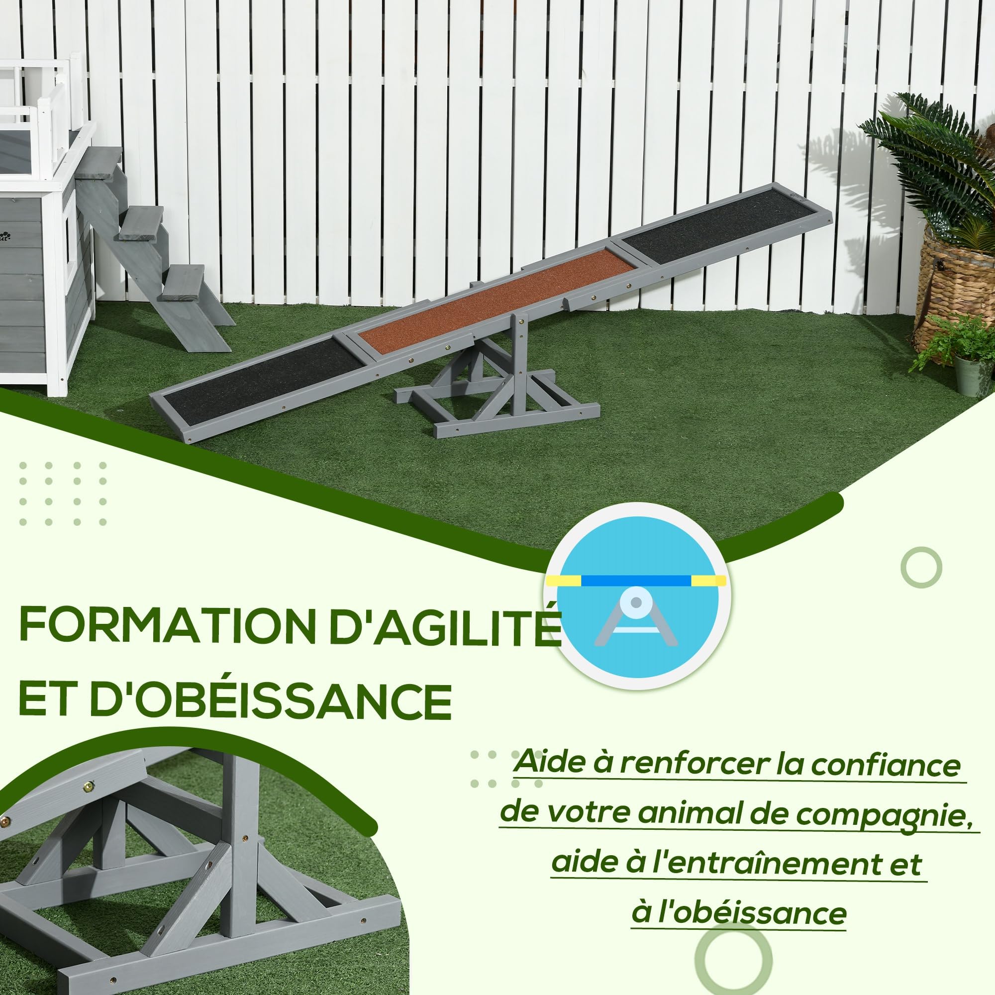 PawHut Agility Sport pour Chien Bascule - Bascule pour Chien - équipement Entrainement Chien - Bois pré-huilé Feutre bitumé antidérapant Gris Noir