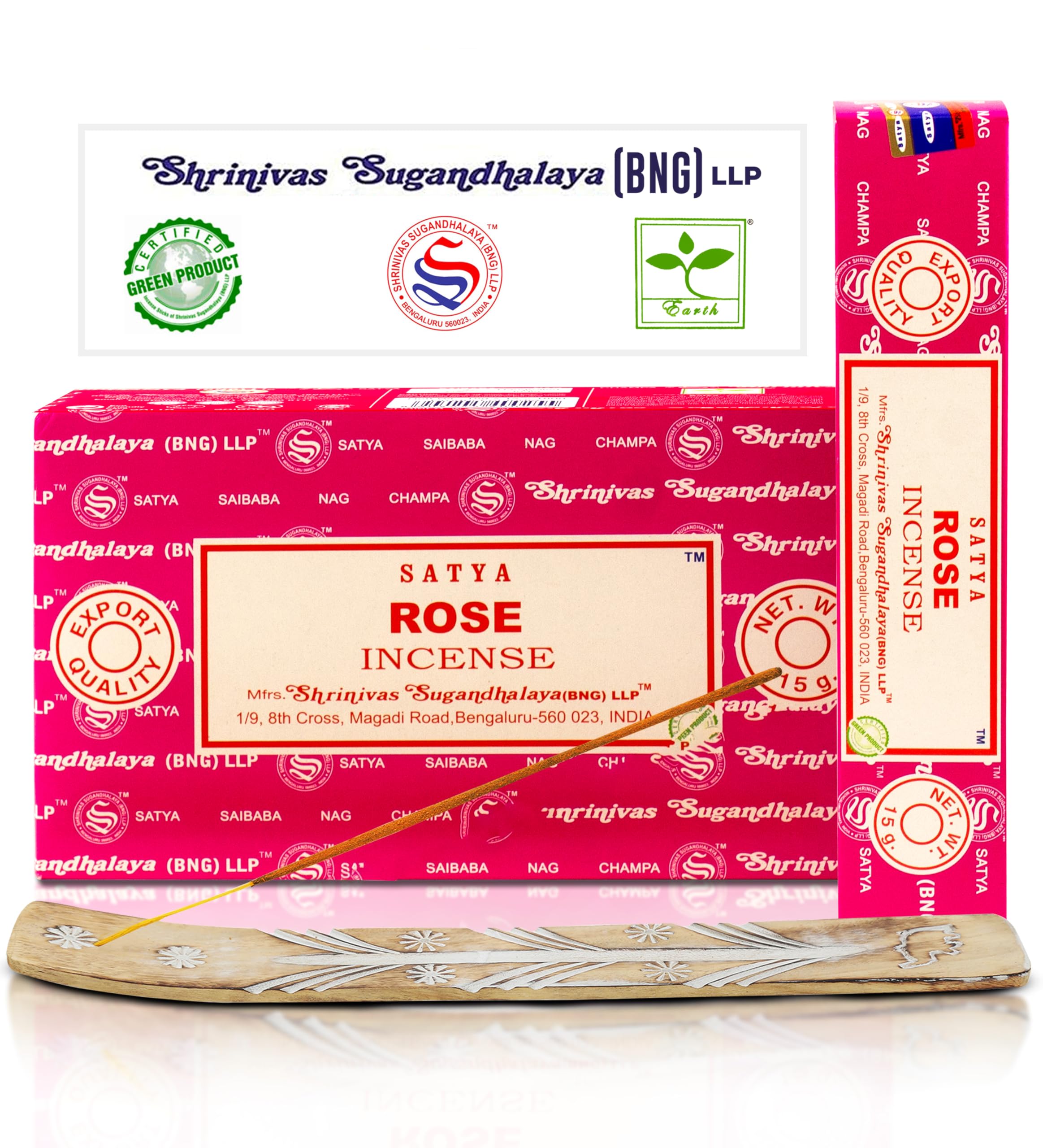 Satya Rose Incense Sticks, Satya Bng Insenses 15gmx12 Pack with Raajsee Incense Holder Bundle, Satya Nagchampa Natural Incense