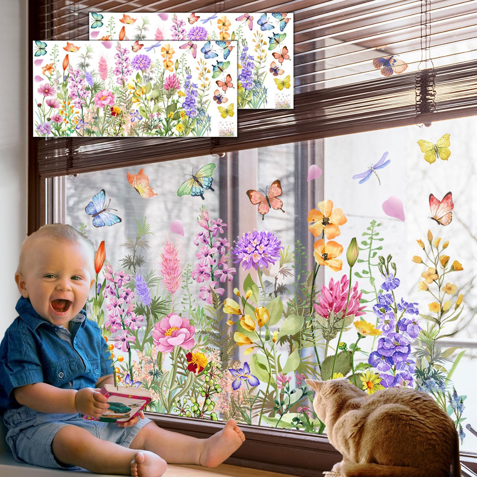 2 Set Flower Window Clings for Glass Windows, Colorful Floral Bouquet Window Sticker, Removable Double-Sided Cut to Size Freely for Home Office Decor (2 Set A)