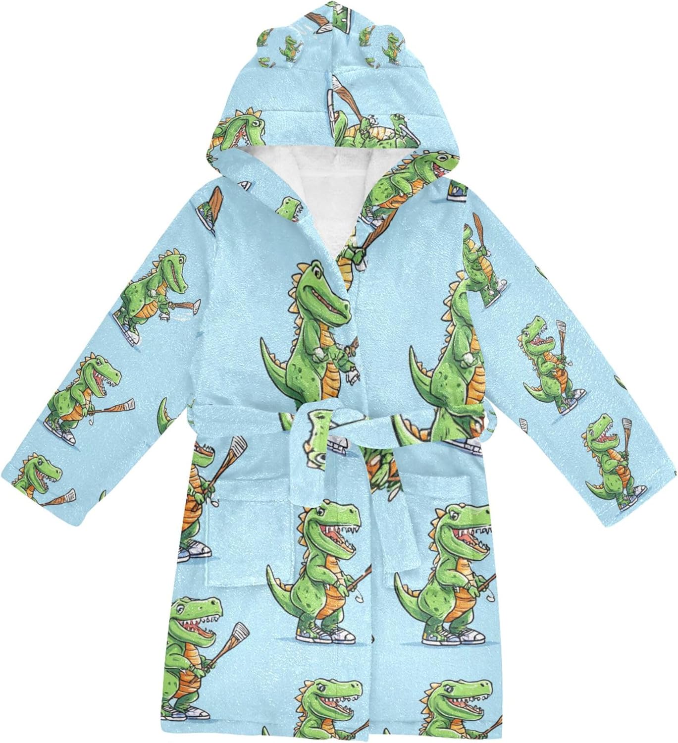 Dinosaur Cartoon Hockey Bathrobe Hooded PJ Robe Soft Fleece Robe Pajama Sleepwears 2-12 Years