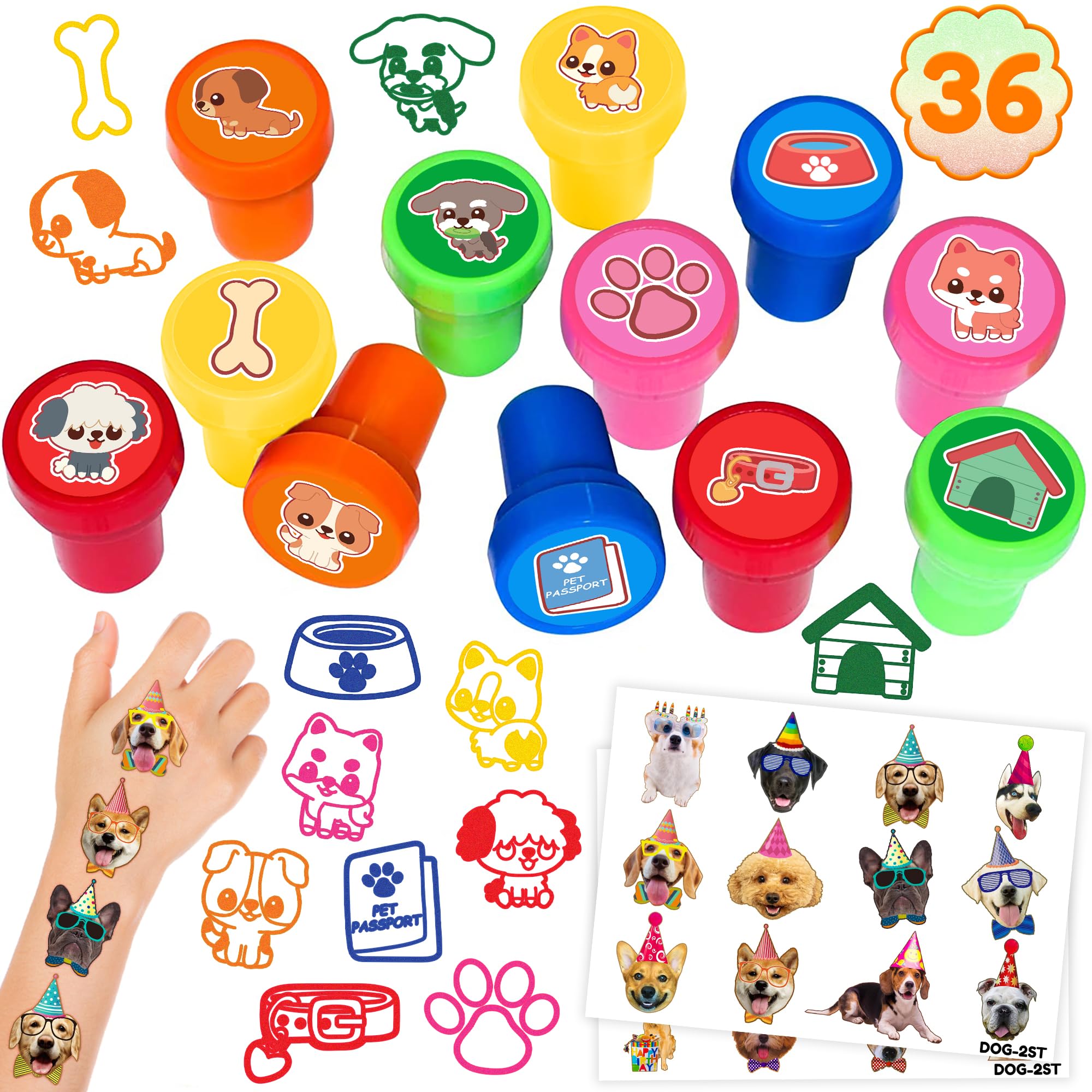36PCS Dog Party Favors - 24PCS Temporary Tattoos & 12PCS Stamps - Ideal Pet Lover Themed Birthday Card Decorations Supplies Goodie Bag Cute Rewards