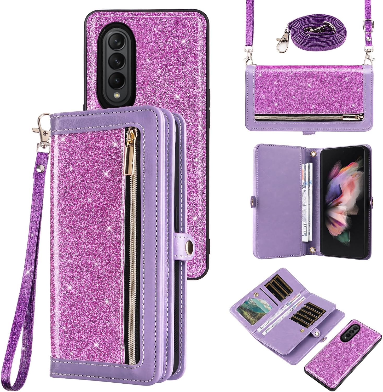 Asuwish Phone Case for Samsung Galaxy Z Fold 3 5G 2021 Zipper Wallet Detachable Cell Cover with Crossbody Strap Bling Glitter Flip Card Holder Slot ZFold3 Z3 Fold3 3Z ZFold35G Women Men Girls Purple