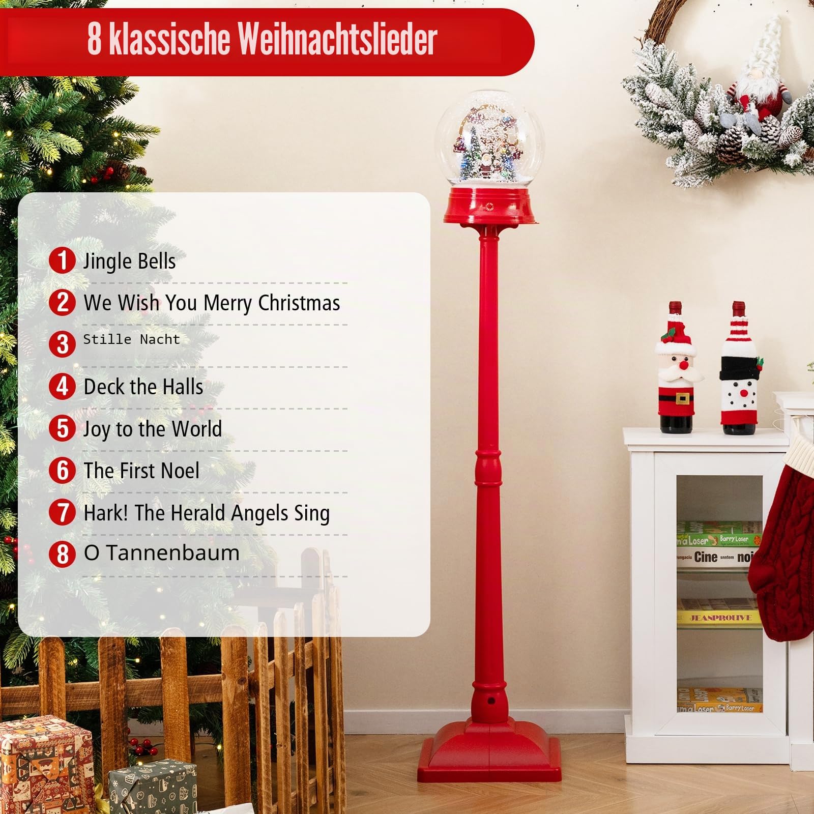 SOARS Weihnachtslaterne 153cm mit Musik & 15 bunten LEDs, Straßenlaternen Weihnachten mit Schneeeffekt & 360° drehbares Riesenrad, Weihnacht Schneekugel Laterne batteriebetrieben, für außen & Innen