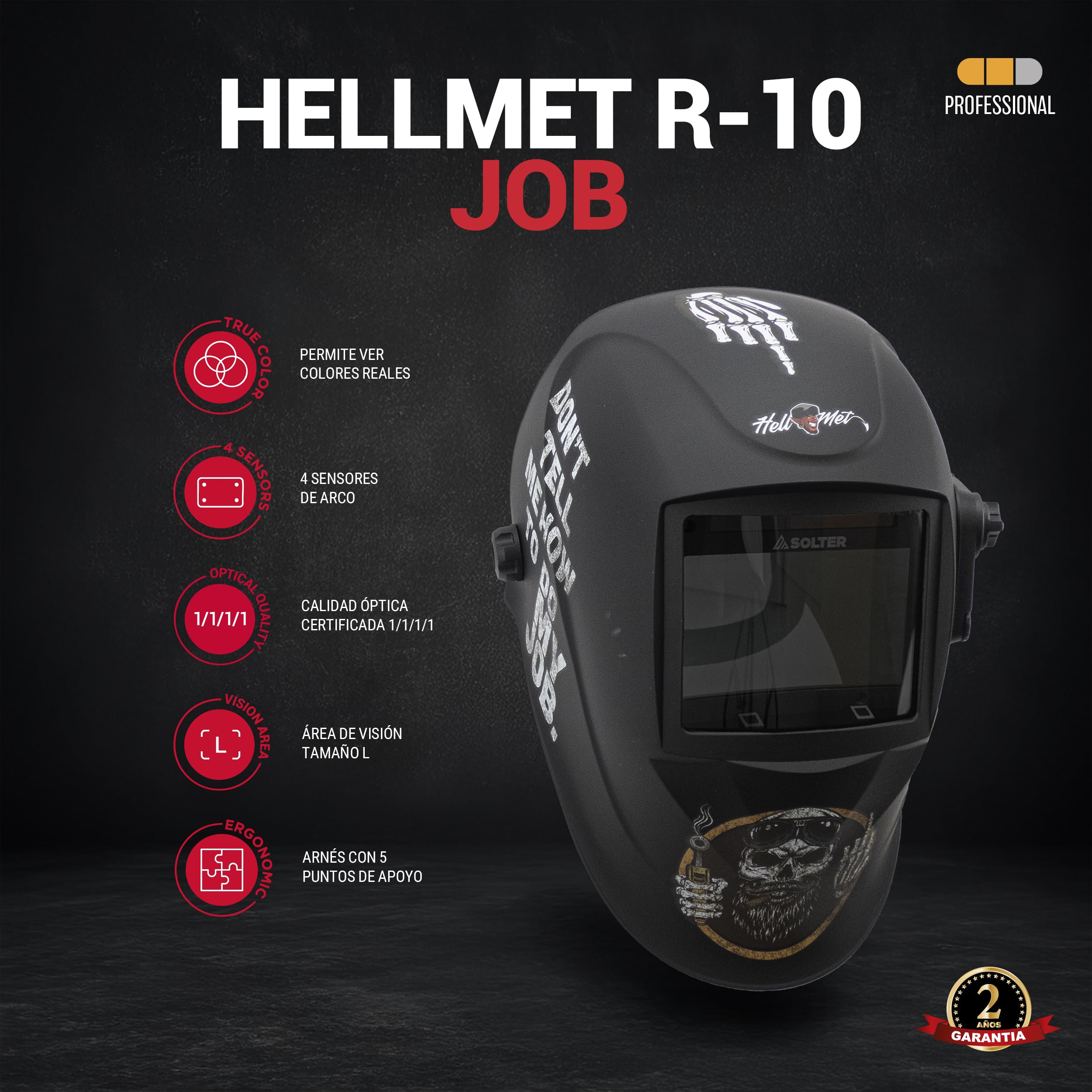 Solter HELLMET R-10 JOB Pantalla de Soldadura Automática, Tecnología True Color, DIN Ajustable 5-8/9-13, Área de Visión 100x60mm, 4 Sensores, Pila Solar Reemplazable, Certificación CE 1/1/1/1