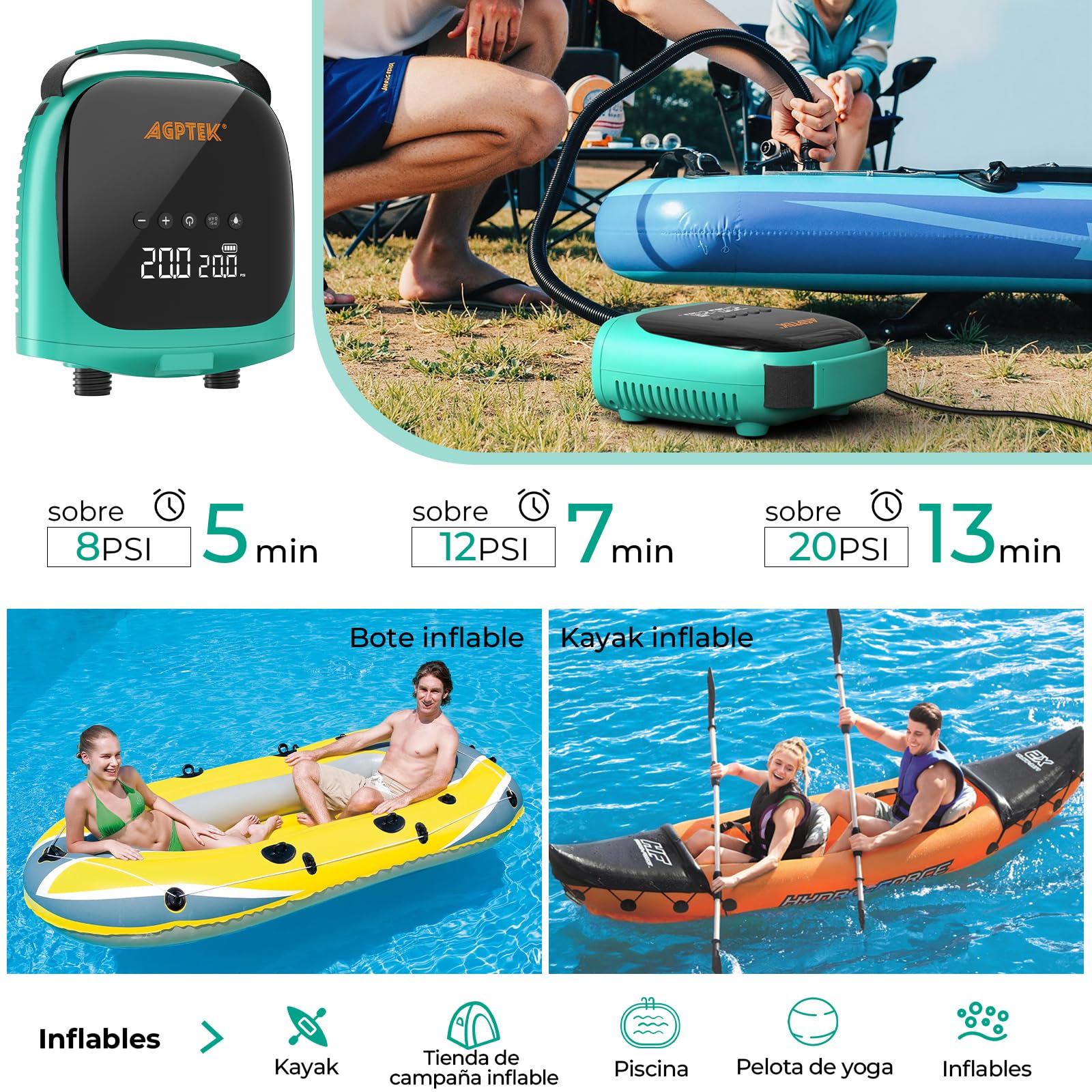 AGPTEK Inflador Paddle Surf Eléctrico Portátil, 20PSI, Autoapagado | 12V Coche, 6 Boquillas, Inflado/Desinflado Rápido, Paddle Surf, SUP, Kayak, Bote Inflable, Hinchable, Apagado Automático