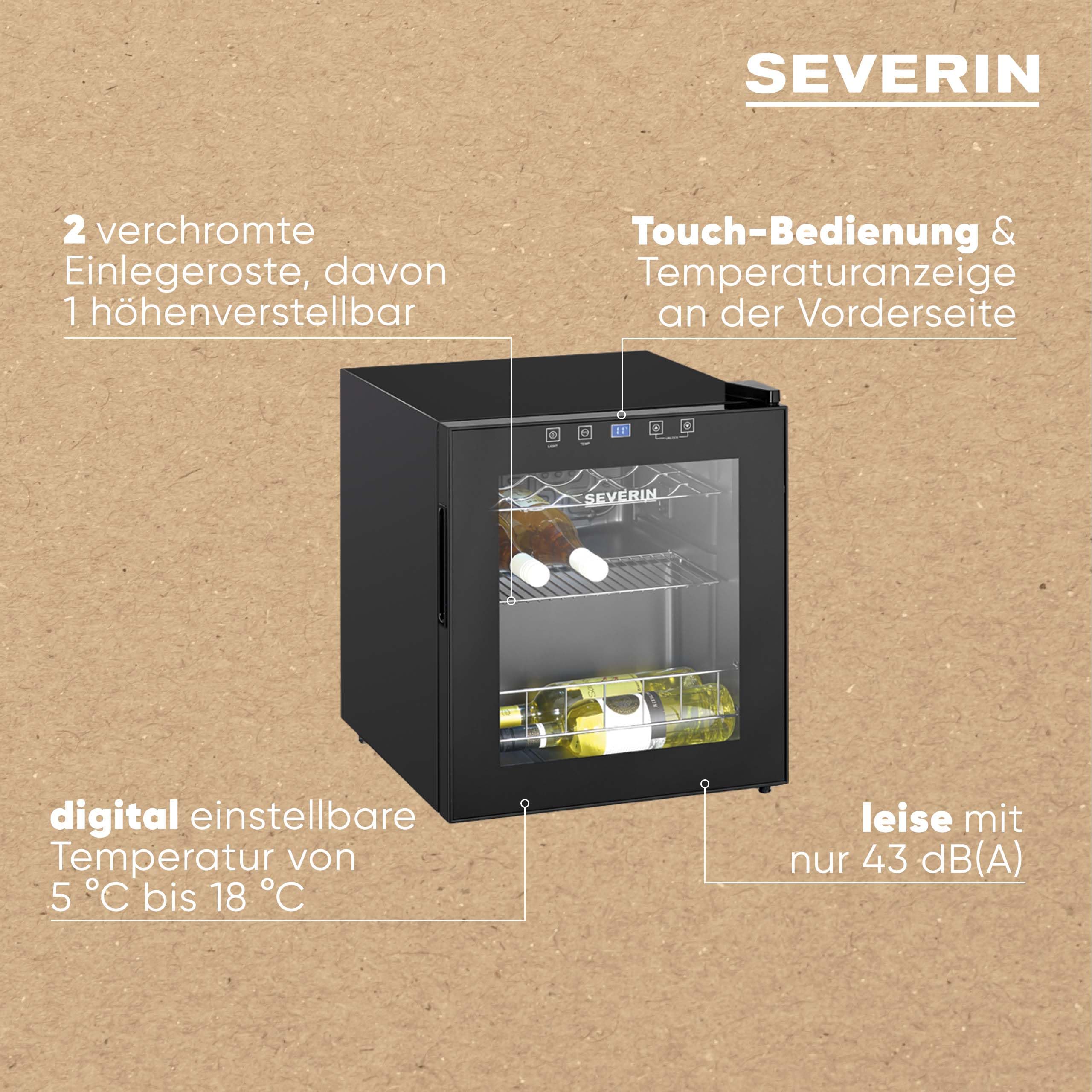 Severin WKS 8907 Wein-Kühlschrank, 46 L, 5-18°C, 15 Flaschen, 43 dB, LED & Touch-Display, EEK F, schwarz