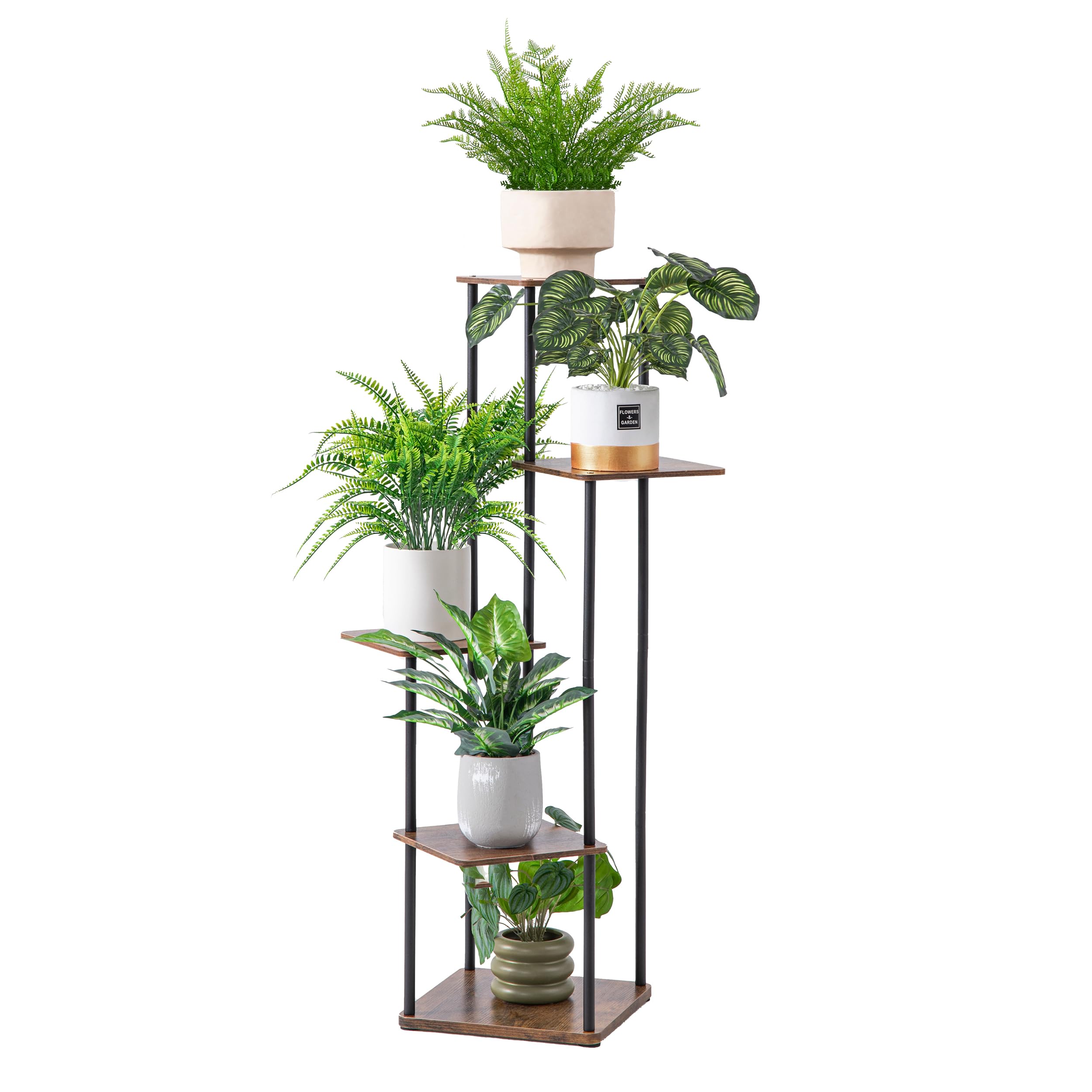 HBlife Plant Stand 5 Tier Black Metal Flower Shelf Indoor Plants for Multiple Plants Tiered Corner Tall Flower Pot Holder for Patio Garden, Living Room and Balcony, Brown