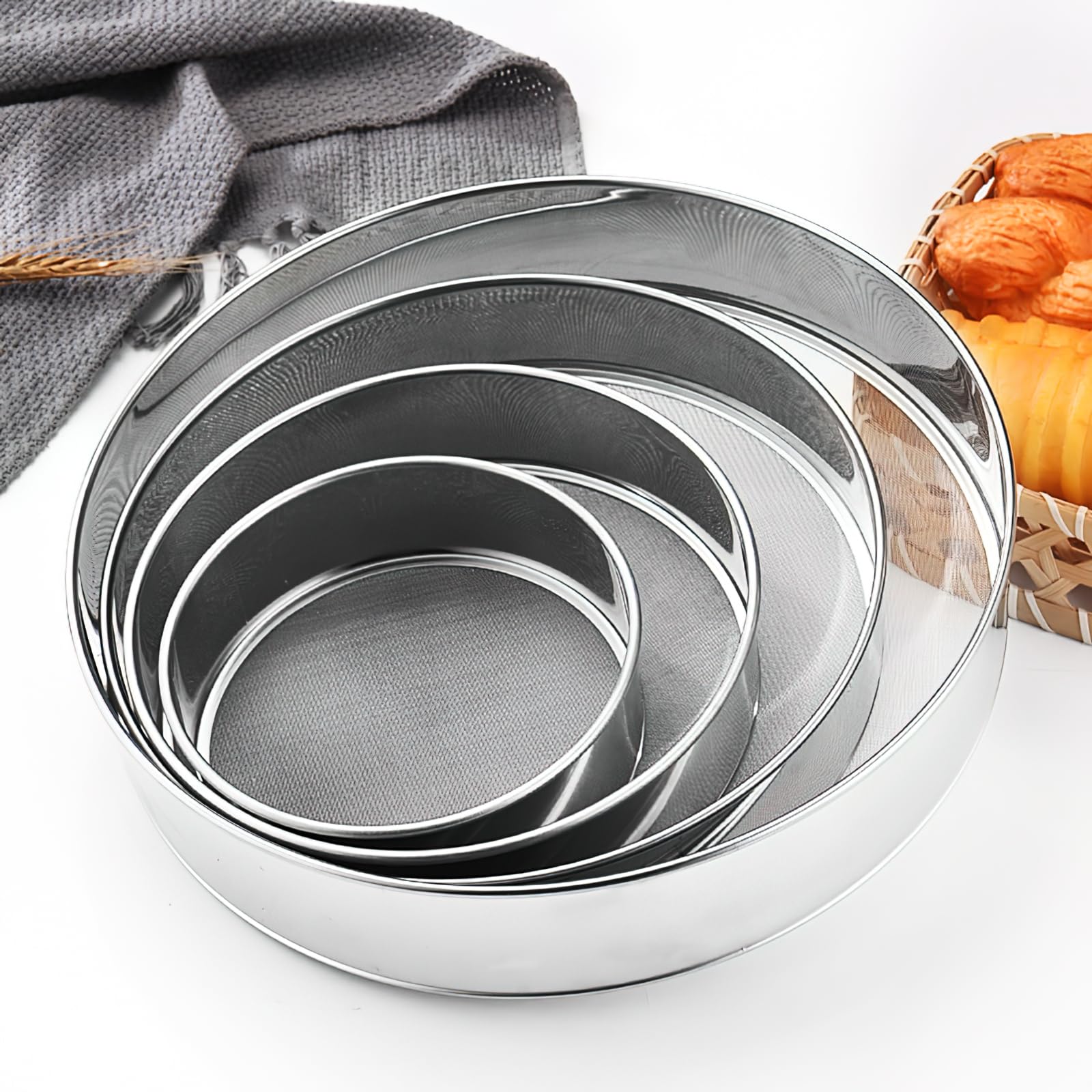 Lot de 4 tamis ronds en acier inoxydable 60 mailles avec tamis à mailles fines de 15,2 cm, 20,4 cm, 25,4 cm, 30,5 cm pour décoration de gâteaux, tartes, pâtisseries, cupcakes