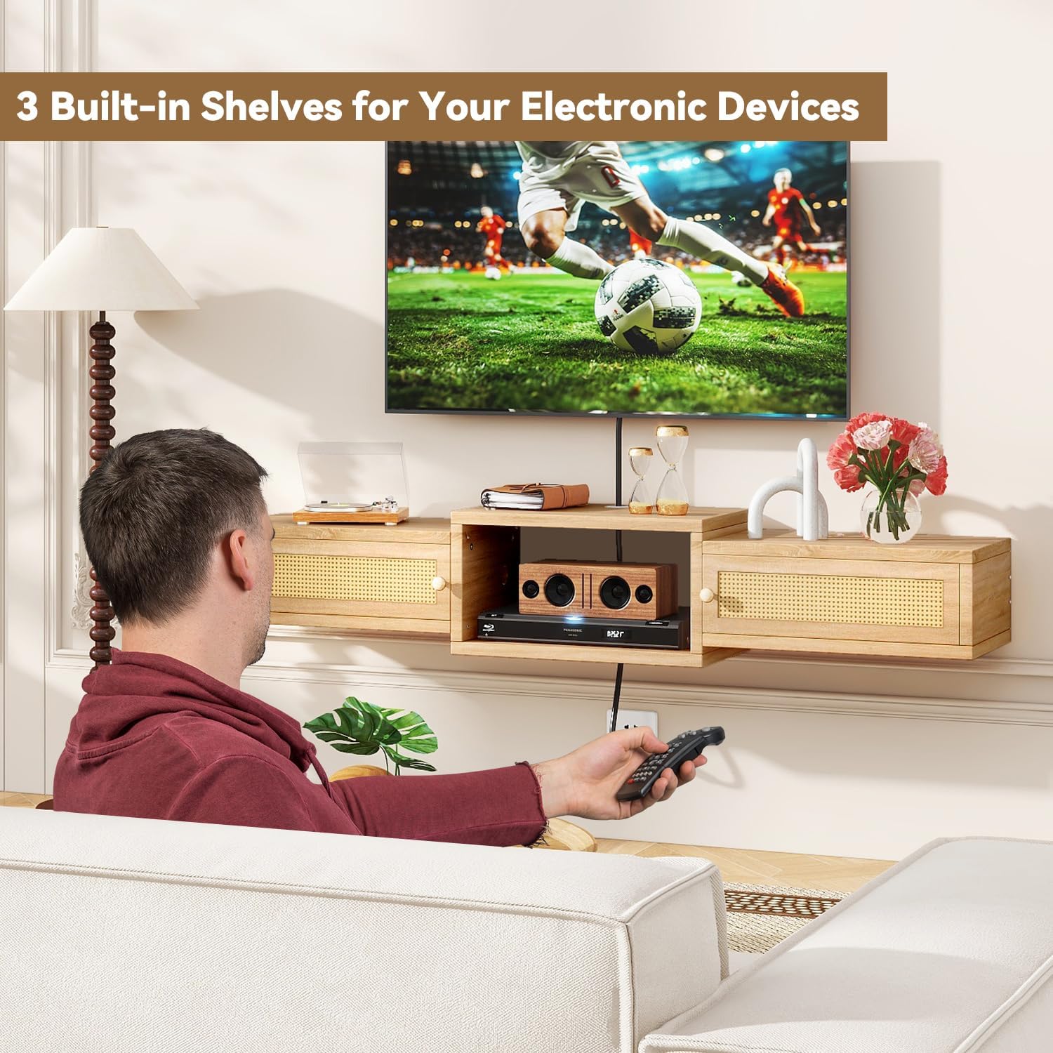 IBUYKE Modern Rattan Floating TV Stand with Doors,Wall Mounted TV Shelf for TVs up to 55 Inches,Media Console Entertainment Center for Under TV Storage Cabinet for Living Room Bedroom,Natural UWST012N