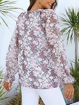 Aoudery Womens Casual Boho Floral Print V Neck Long Sleeve