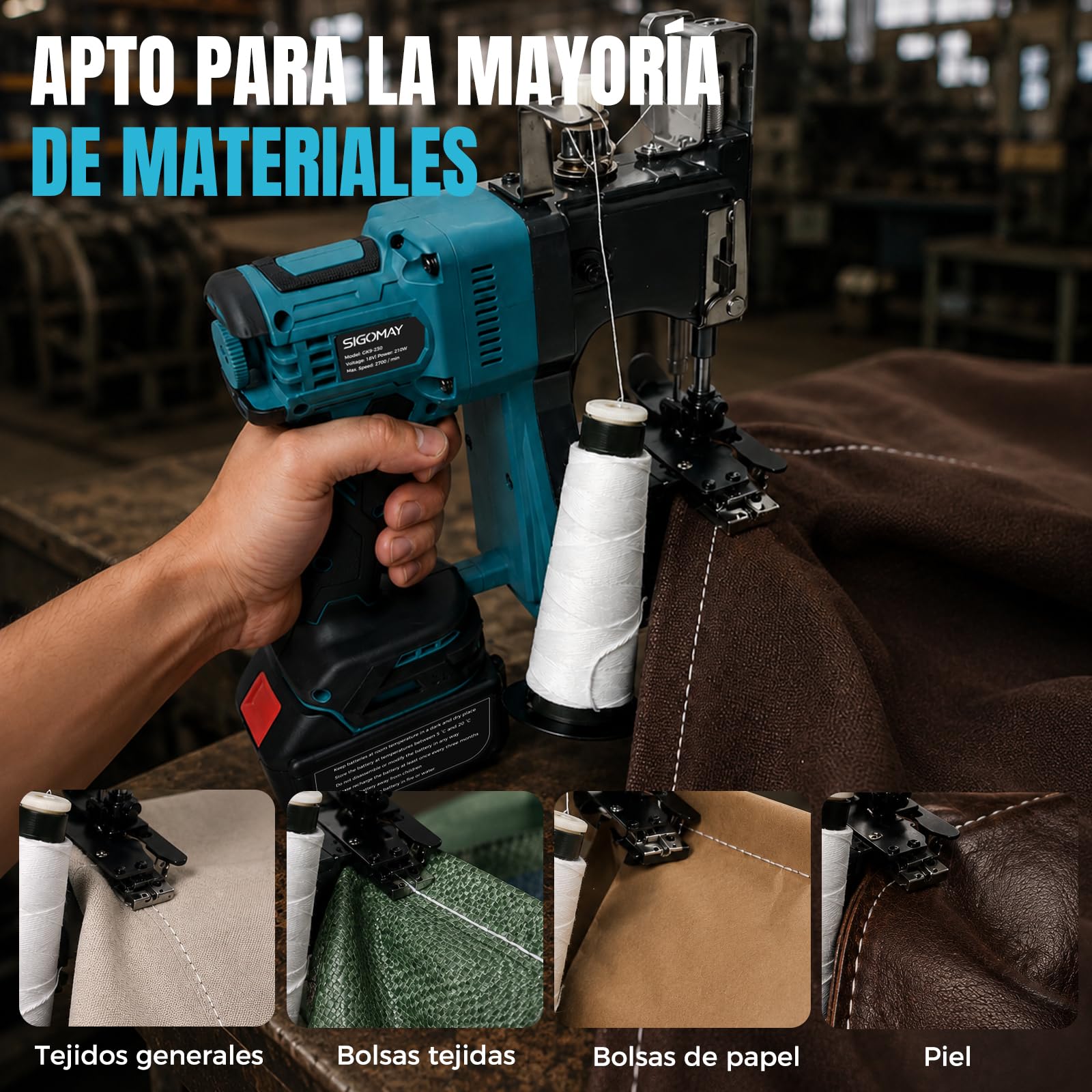 Cosedora de Sacos a Batería Brushless, Máquina de Coser Sacos Portátil 18V Compatible con Batería Makita 18V, Selladora Eléctrica para Sacos Tejidos Sacos de Arena, Incluye 2x4.0Ah Baterías