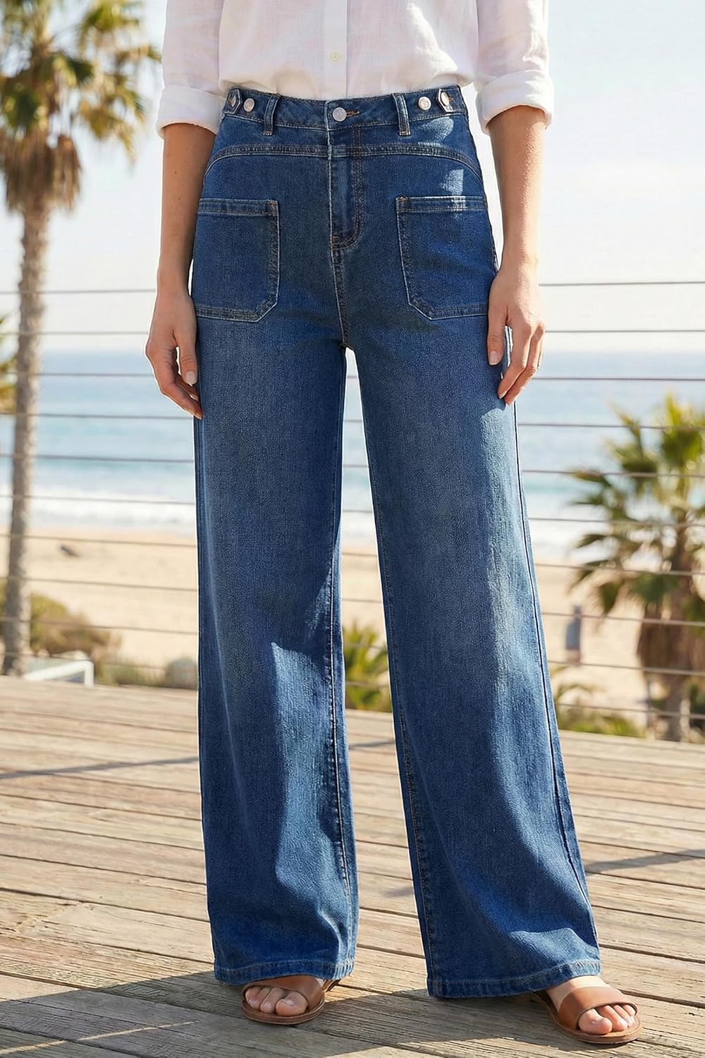 Arach&Cloz Womens Lyocell Cotton Denim Adjustable Waist Stretchy Spring Wide Leg Jeans - Image 3