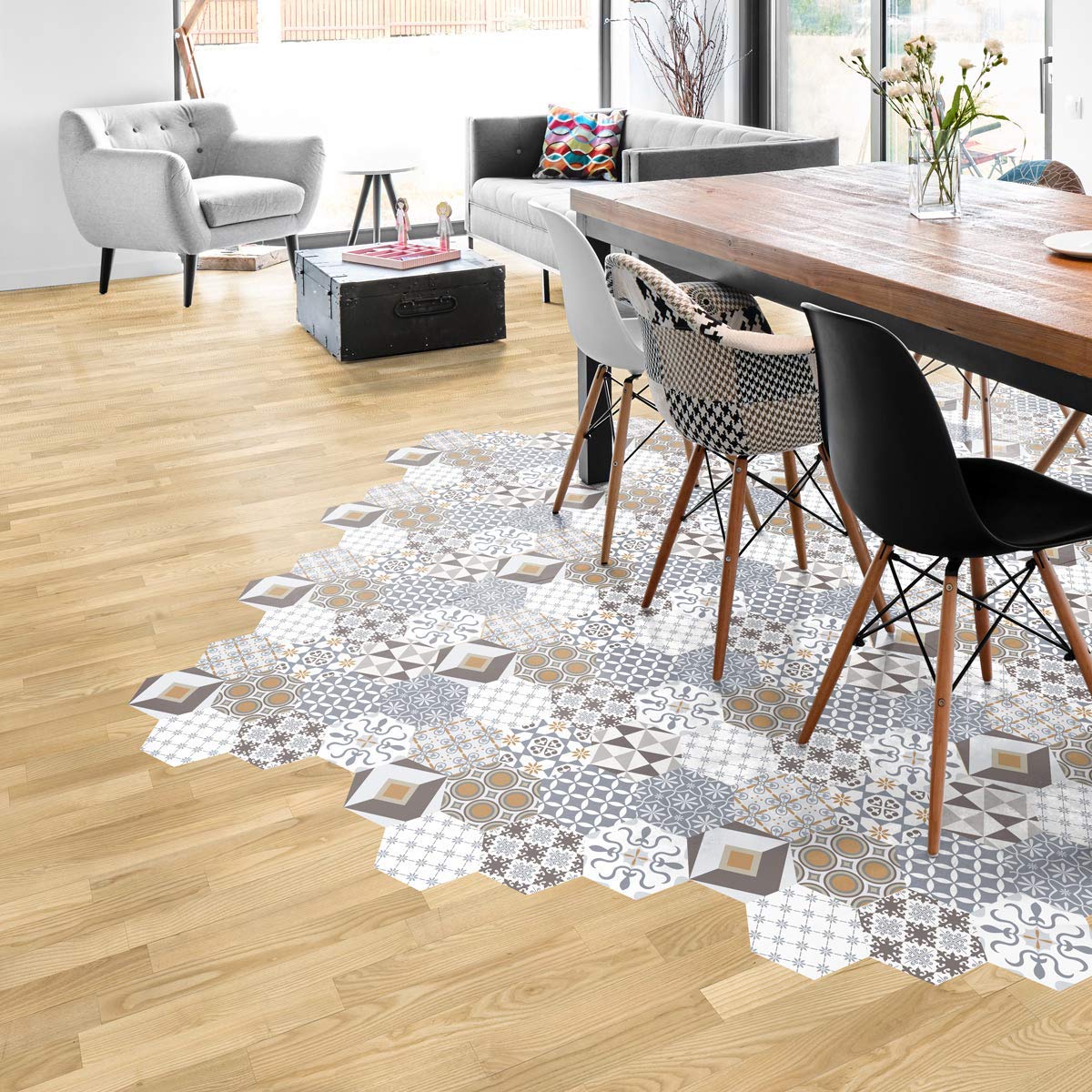 Ambiance Adesivo pavimento piastrelle di cemento azulejos con laminato di protezione in plastica, piastrelle esagonali, resistente all'acqua, 40 x 90 cm
