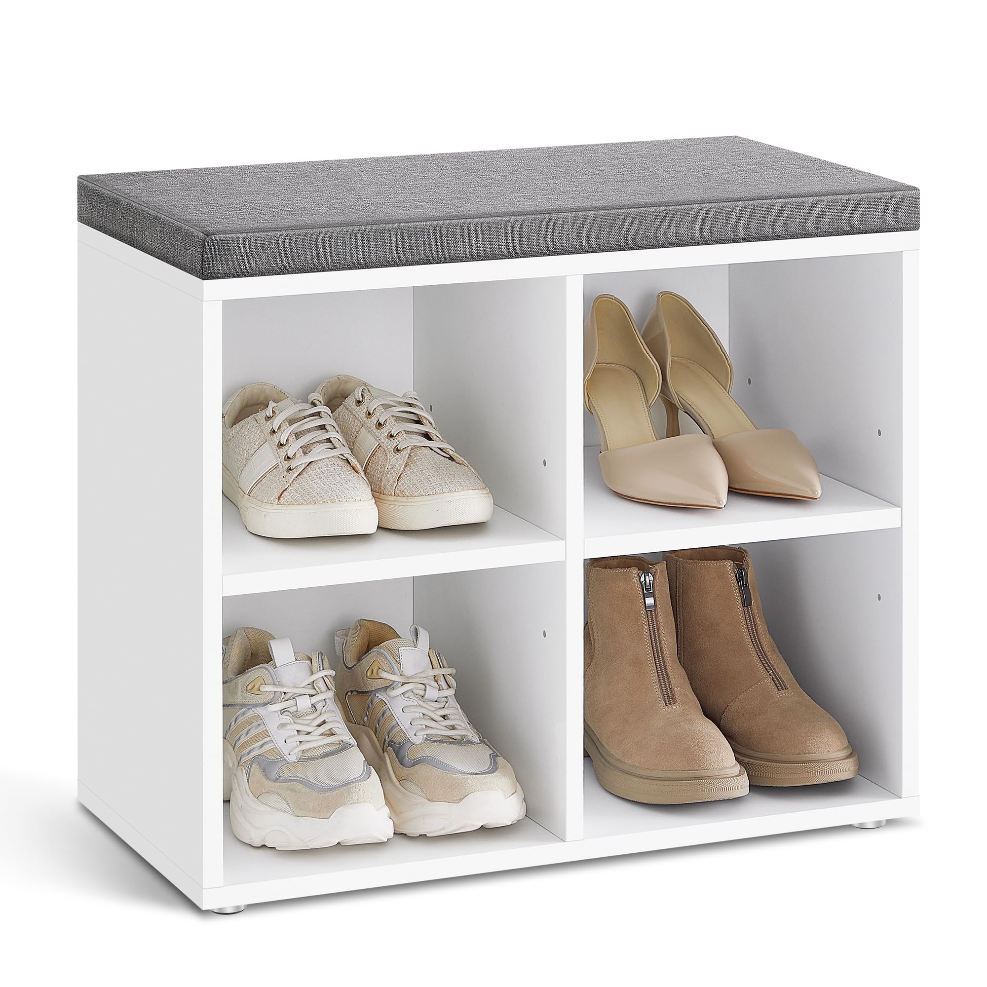 VASAGLE Banco Zapatero, Mueble Zapatero, Banco Recibidor con 4 Compartimentos y Asiento Acolchado, 30 x 105 x 48 cm, Entrada, Dormitorio, Sala de Estar, Blanco y Gris LHS234W01