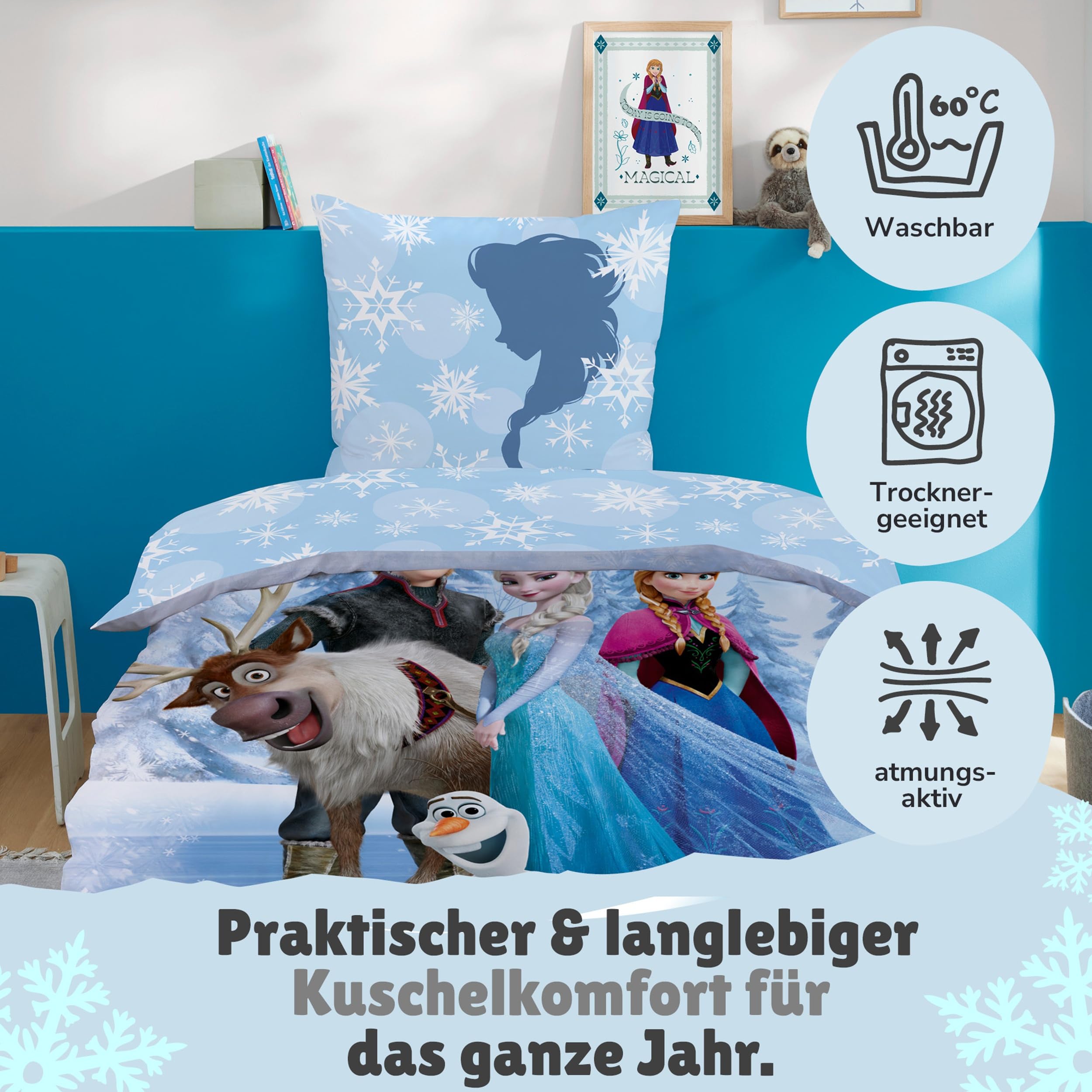 Familando – Frozen Anna, ELSA, Sven & Olaf Bettwäsche-Set (2-teilig) – Decken- & Kissenbezug 135x200 cm & 80x80 cm mit Reißverschluss – Renforcé – Atmungsaktiv & hautfreundlich – Öko-TEX Zertifiziert