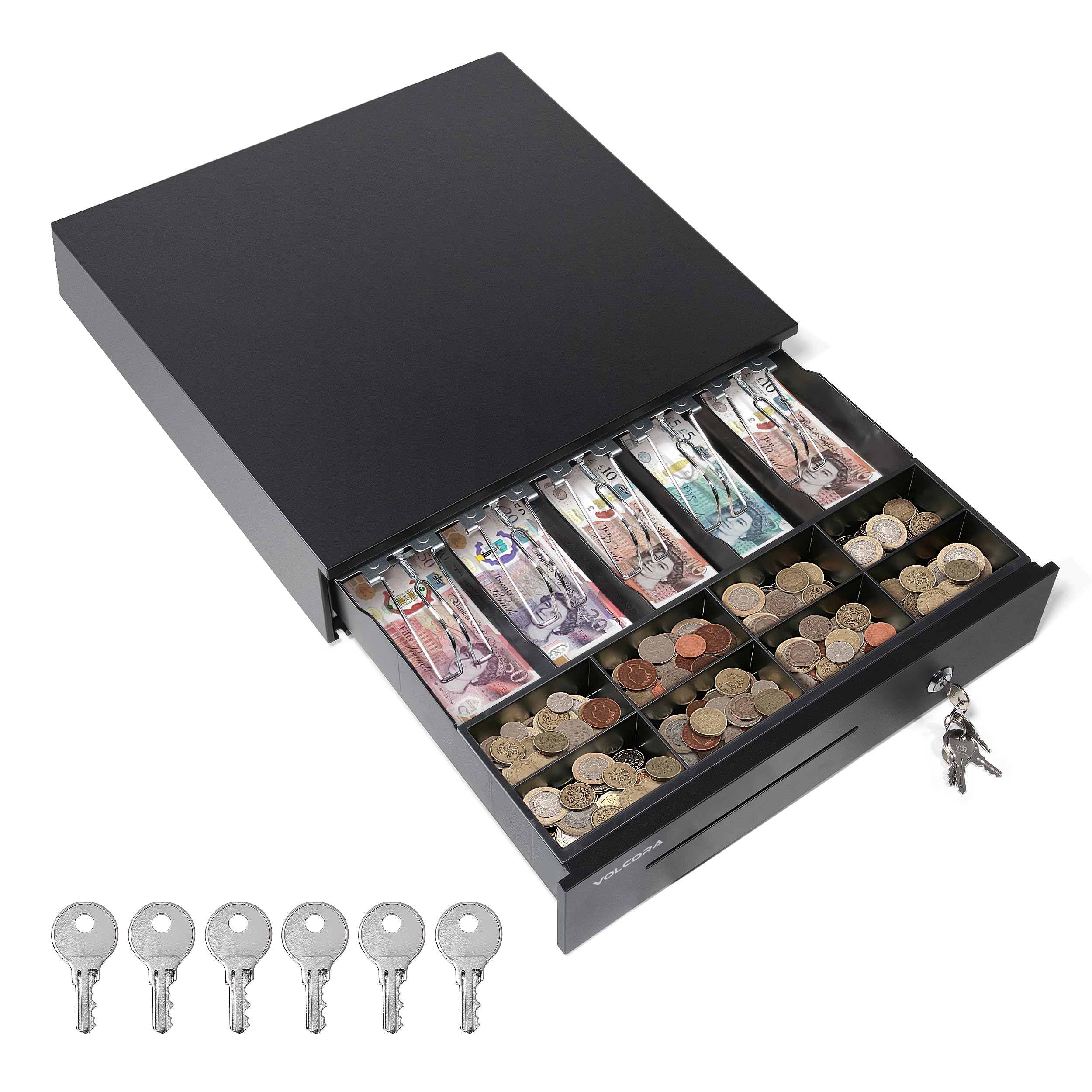 Volcora Cajón electrónico de caja registradora para sistema de punto de venta (POS), 5 billetes/8 monedas, 16 pulgadas con ranuras ajustables para monedas, 12-24 V, cerradura de llave RJ11/RJ12