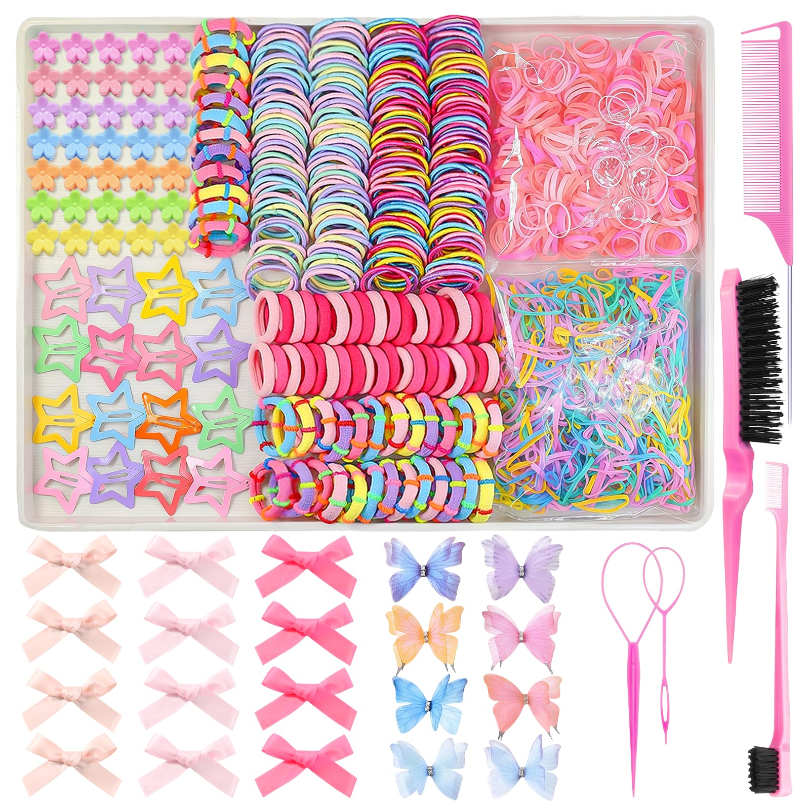 900 PCS Colorful Hair Ties for Girls Hair Accessories Set Rose Red+Pink
