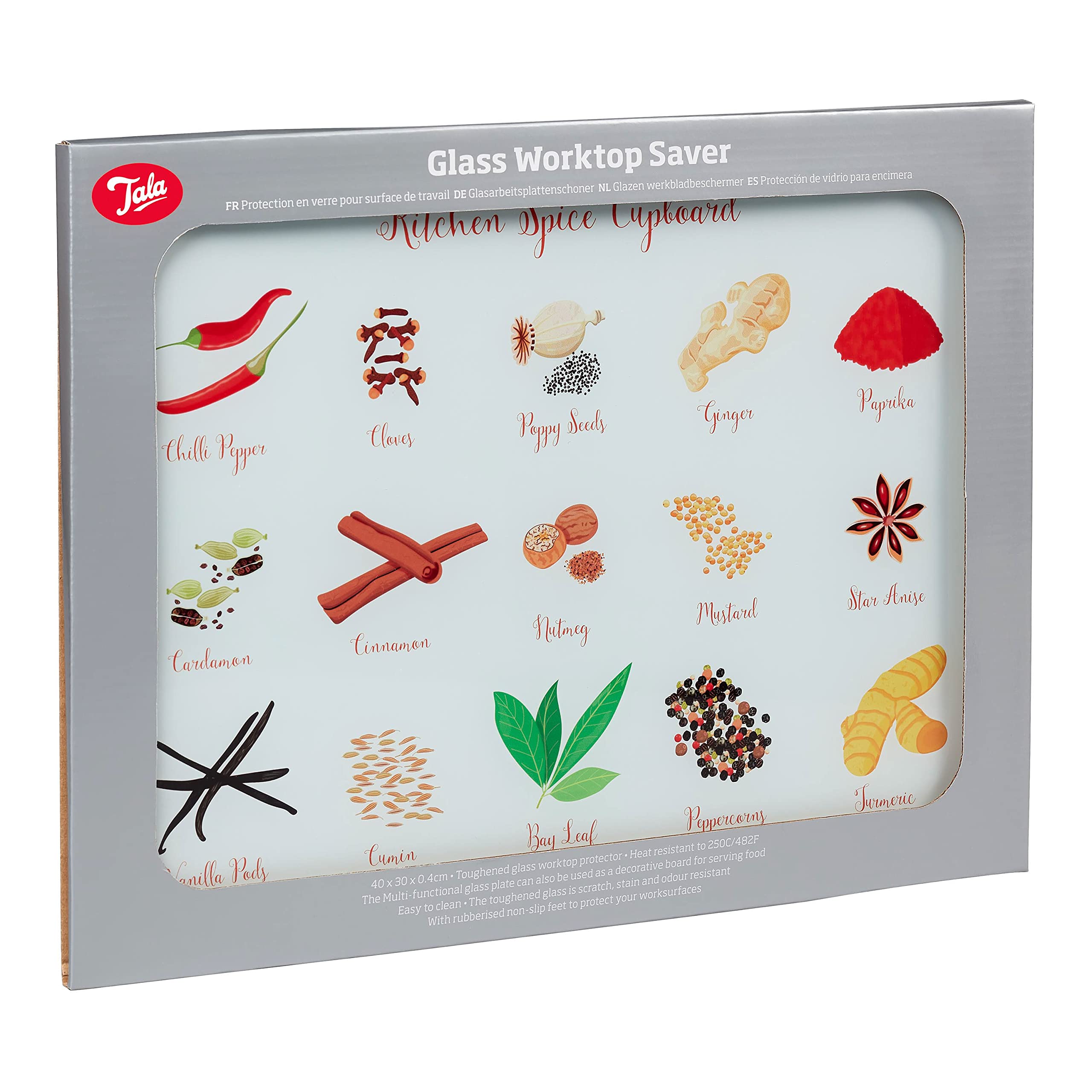 Tala Spice Design - Tabla de cortar de vidrio templado y protector de encimera, herramienta multifuncional antideslizante para proteger las superficies de trabajo mientras preparas alimentos, mide 30