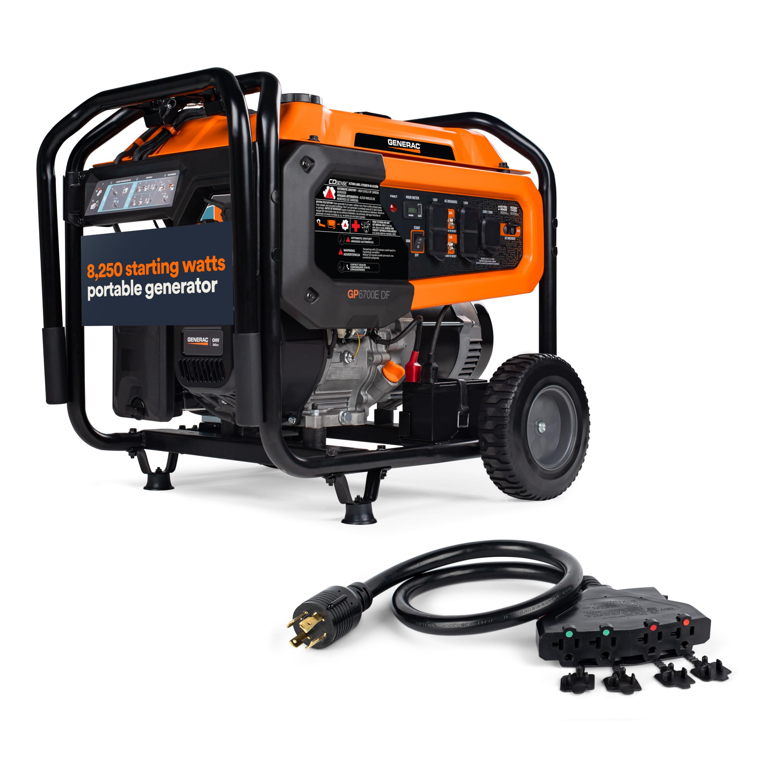 Generac 8,250 Starting Watt Dual Fuel Portable Gas Generator Electric Start | Includes Adapter Cord, Home Backup Power, Propane, Cosense Carbon Monoxide Detection, 11 Hour Runtime, 49 State Compliant