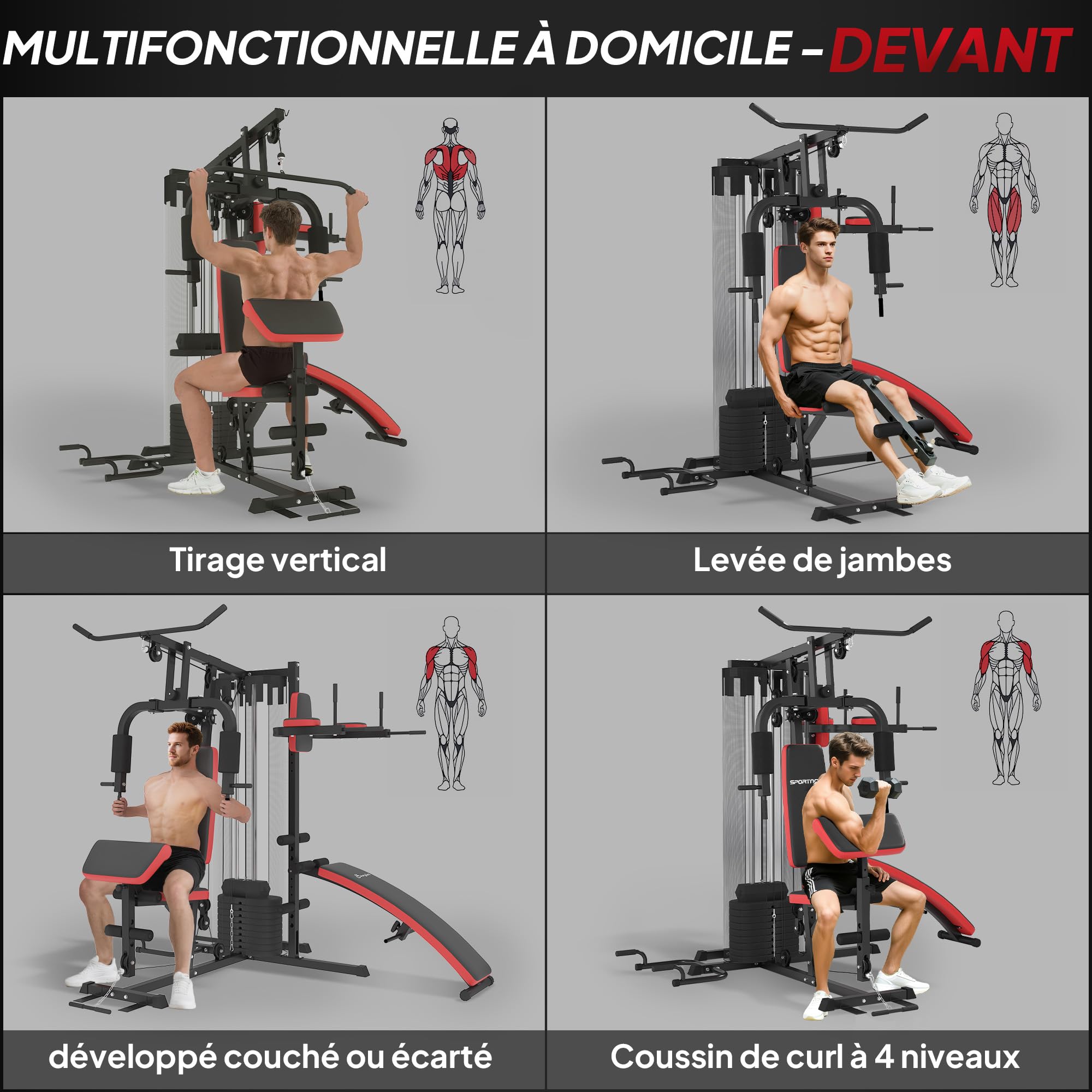 SPORTNOW Station Multi Gym avec Poids de 65 kg, Équipement de Musculation avec Banc pour Abdominaux, Support pour Pompes, Station de Dips, Réglable, pour Entraînement Complet