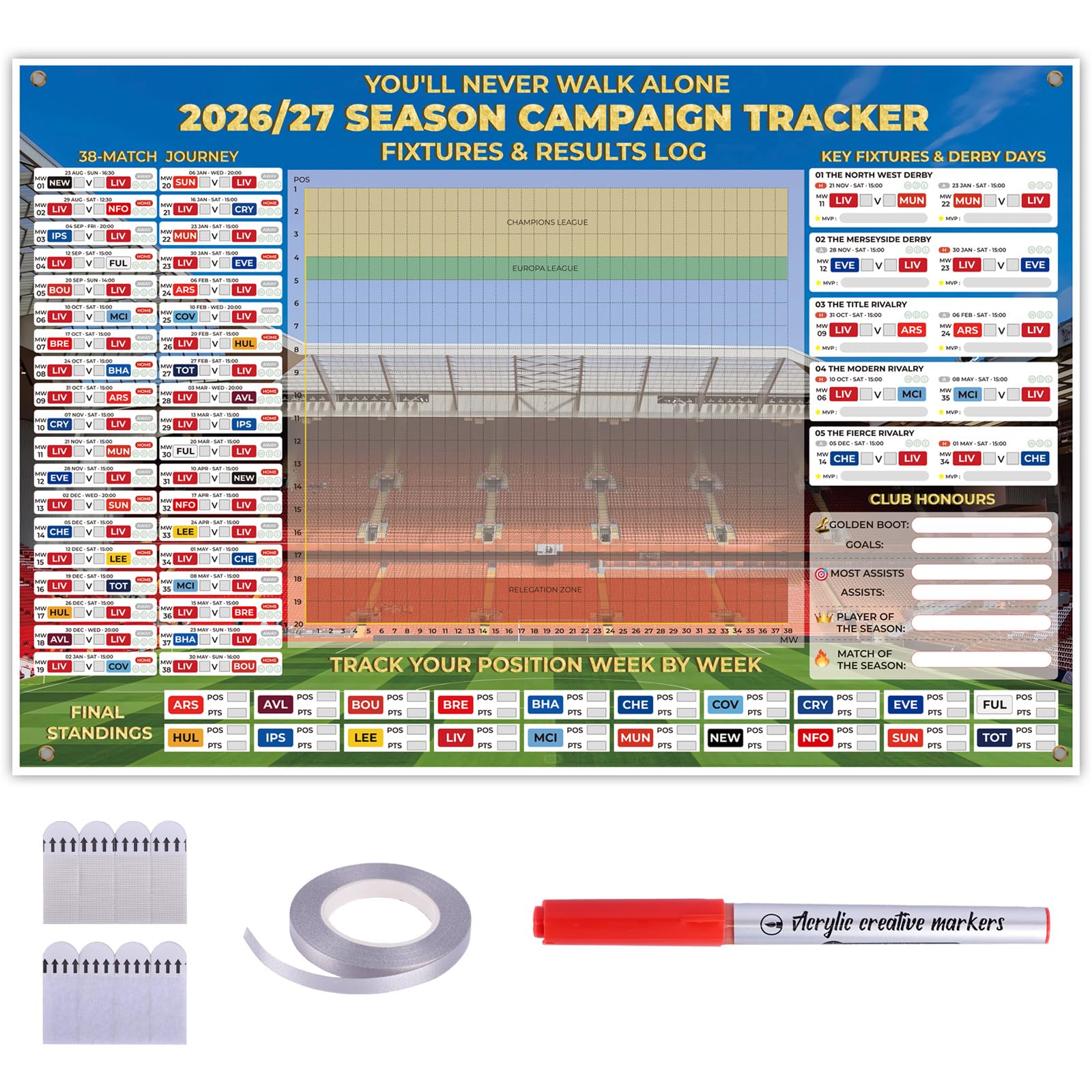 Wall Chart LIV 2026/27 Season, Football Schedule Poster 20 Teams, 150x100cm