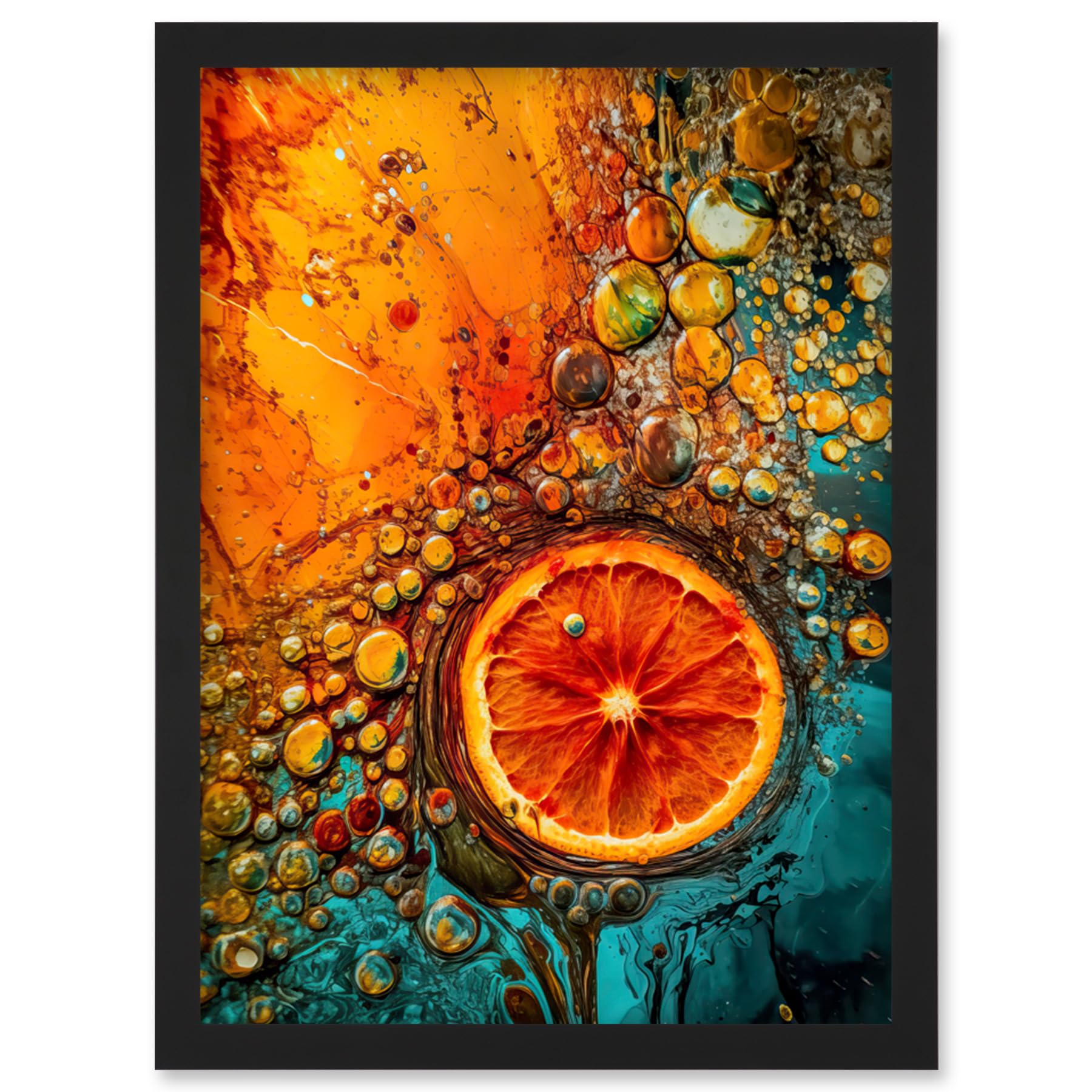 Artery8 Abstract Liquid Paint Dried Orange Fruit Slice Artwork Framed Wall Art Print A4