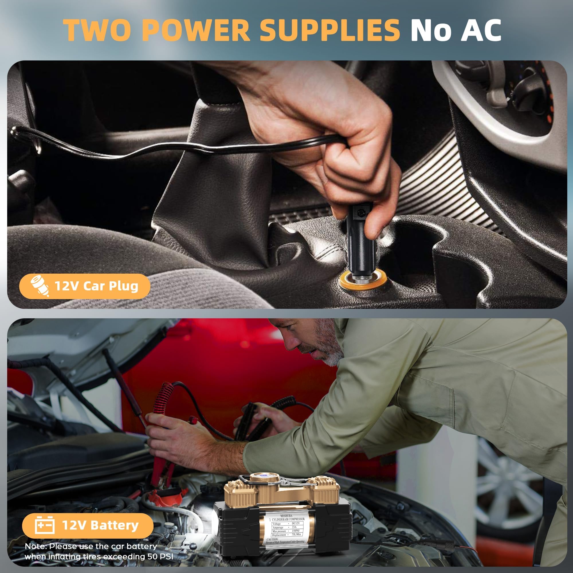 Doppelzylinder-Reifenfüller, Luftkompressor, 150 PSI 12 V DC, tragbare Luftpumpe, Autozubehör, LED-Licht, strapazierfähig, Off-Road für LKW, SUV, Auto, Wohnmobil für Männer und Frauen (Gold)