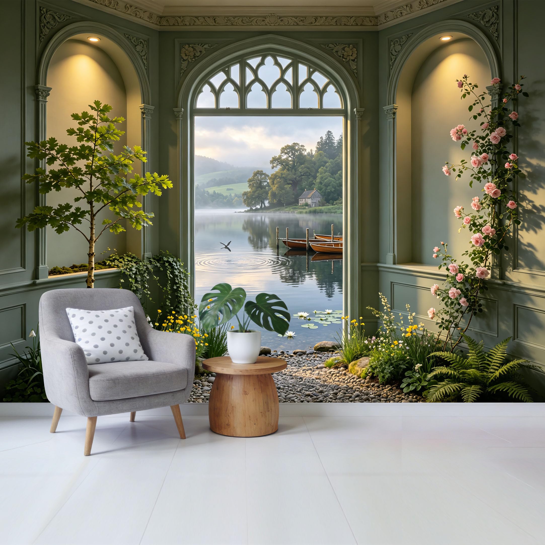 Removable Self Adhesive Fabric Mural， Neoclassical Landscape Lake View Custom Size Wall Covering， UV Protected Waterproof Washable Wall Decor for Living Room Bedroom Bathroom