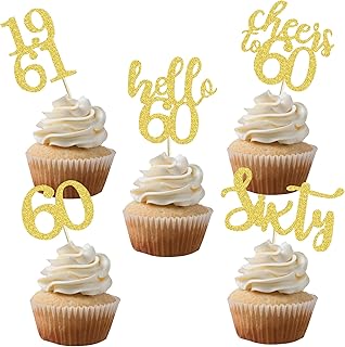 40 PCS Gold Glitter 60th Birthday Cupcake Toppers Set for 60th Birthday Celebrating Party Decorations