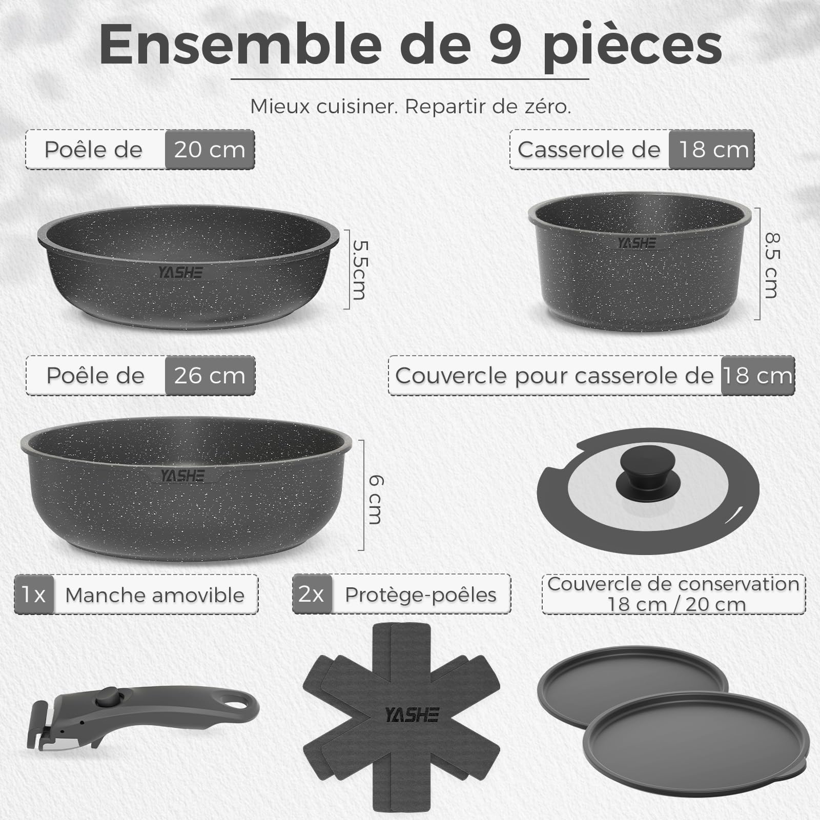 YASHE Batterie de Cuisine 9 Pièces, Set de Casseroles et Poêles Antiadhésives, Compatible Tous Feux dont Induction, Poignées Amovibles, Passe au Four, Design Empilable et Gain de Place, Grise