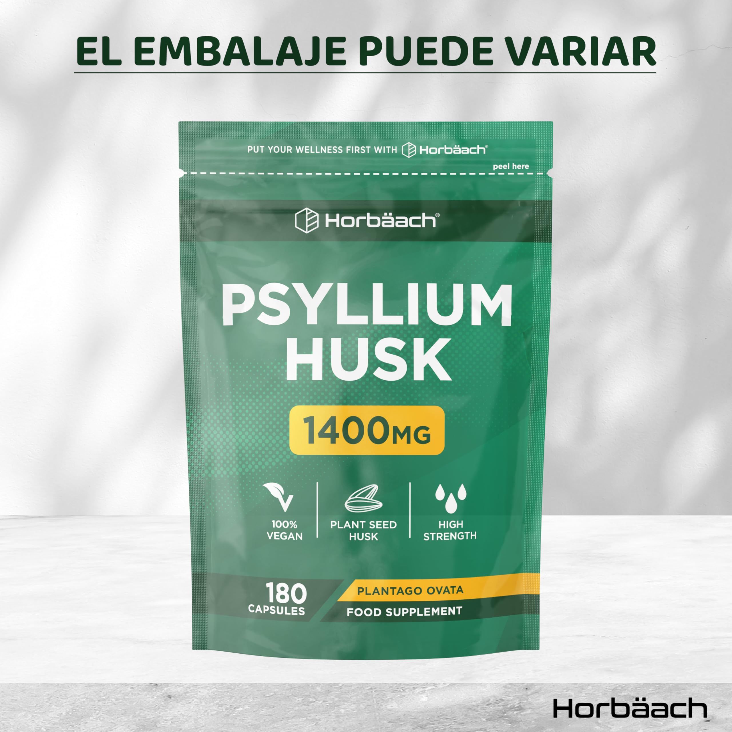 Psyllium Husk 1400 mg | Cáscara de Psyllium | 180 Cápsulas Veganas | Fibra de Psilio | Suplemento Fuente de fibra | Prebiótico Natural | Horbaach
