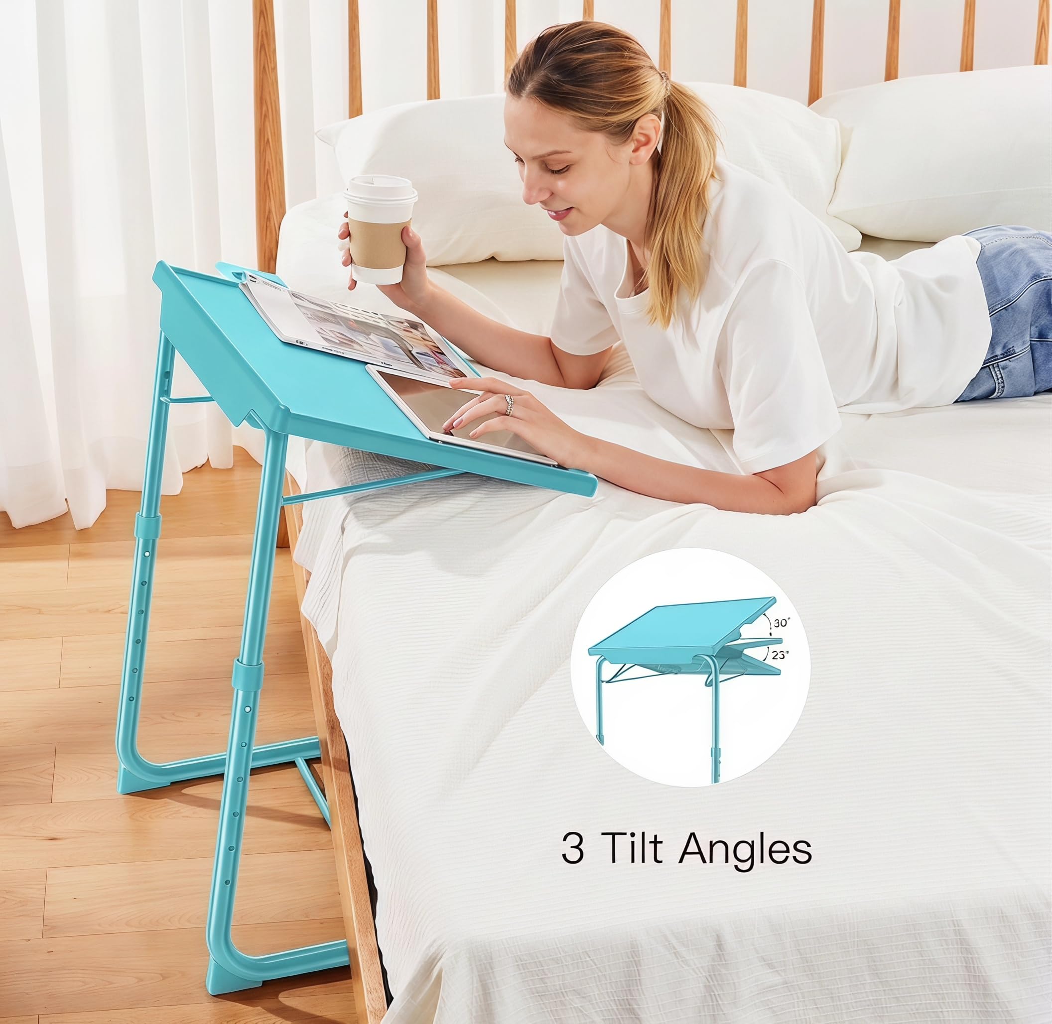 Mesa de TV ajustable – Bandeja de TV en la cama y el sofá, cómoda mesa plegable con 6 ajustes de altura y 3 ángulos de inclinación (azul)