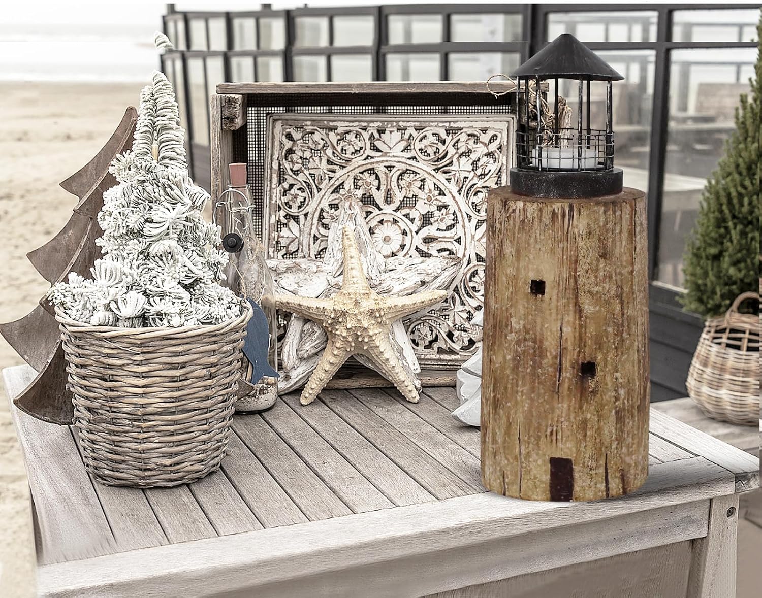 Linfevisi Wooden Lighthouse Candle Holders Decorative Tea Light Holder Ocean Beach Nautical Coastal Mini Standing Lighthouses Figurines Rustic for Home Decor Bathroom Table Party Wedding 14 Inches