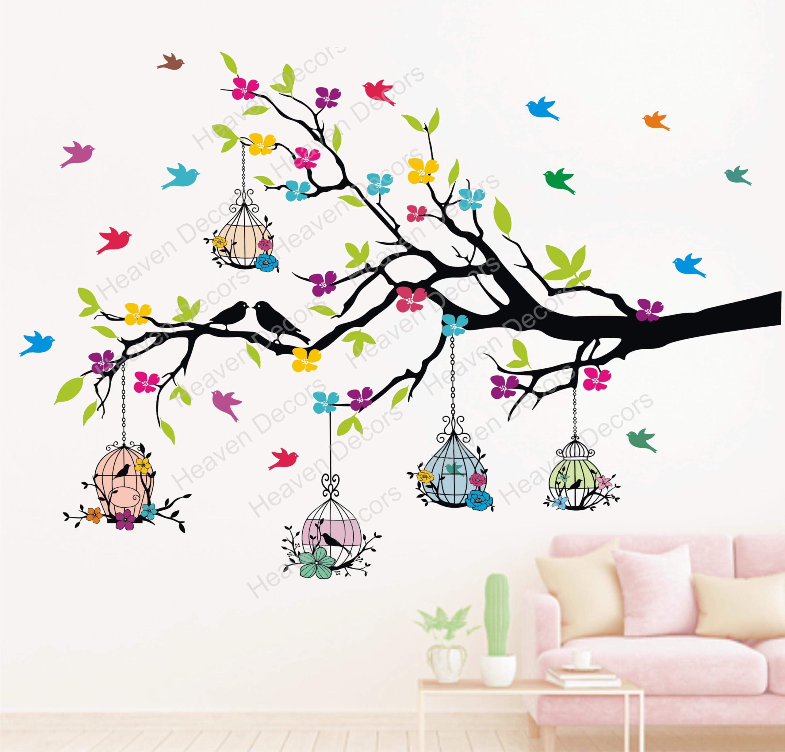 PVC Vinyl Self-Adhesive Tree Branches with Birdcage & Flower- Wall Decoration Sticker Home(Ideal Size on Wall: 127cmsx80cms),Multicolour-image-47