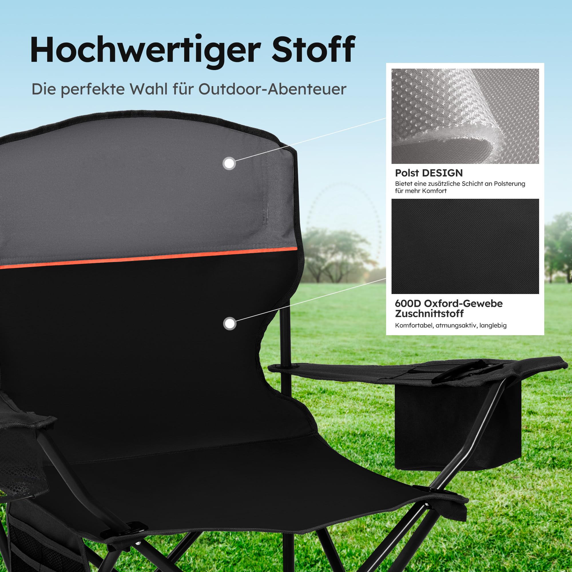 HIGH POINT SPORTS 2er Set Klappstuhl Campingstuhl Faltstuhl Komfortable Anglerstuhl mit Getränkehalter & Kühlfach, bis 120Kg Belastbar, Anglersessel klappbar Gartenstuhl Faltstuhl Relaxsessel