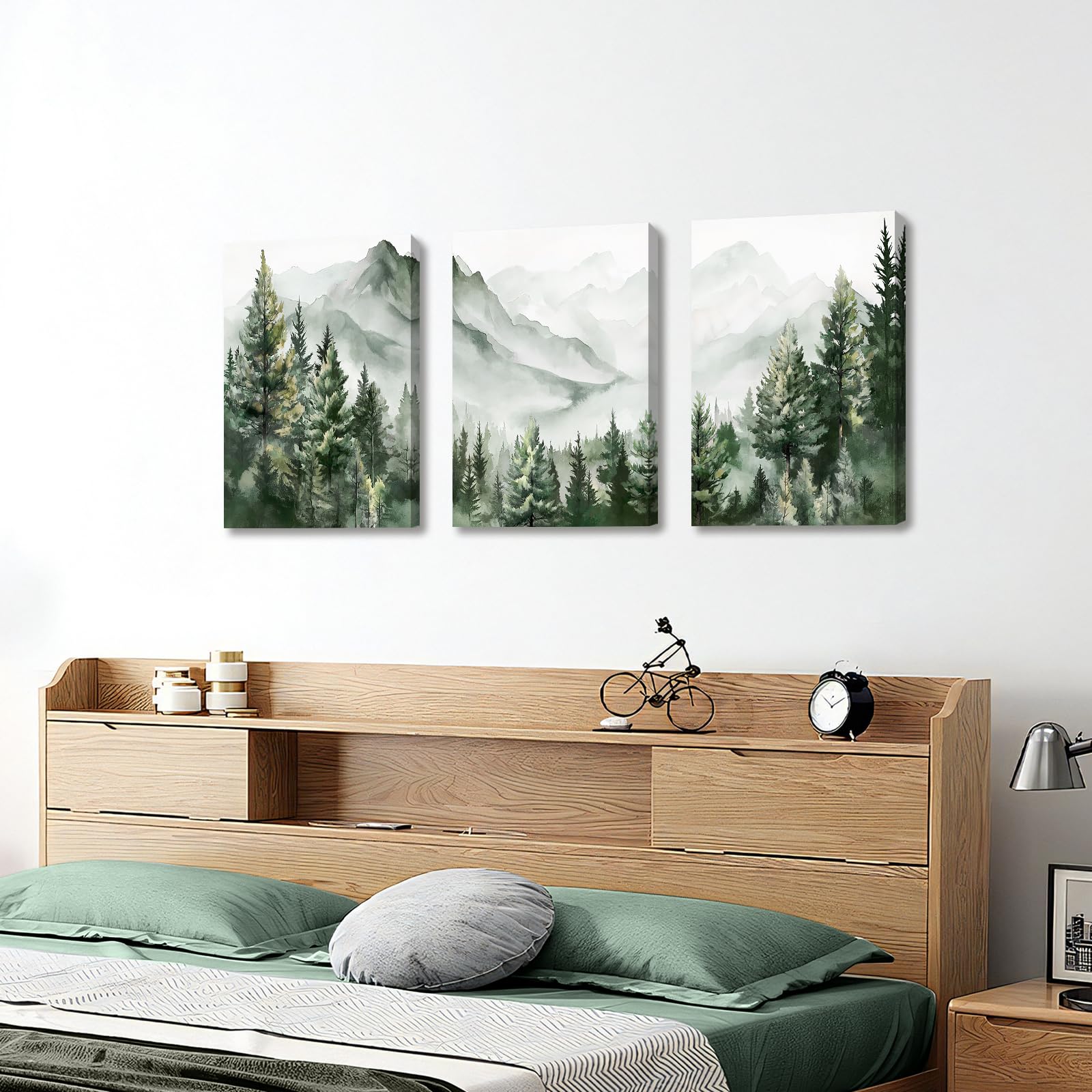 3 Pcs Wooden Framed Canvas Wall Art Set Bohemian Sage Green Canvas Prints Poster Geometric Line Beige Green Pictures for Living Room Bedroom Dinning Room Hallway Stairs Wall Decor 30x40cm x3pcs — view 341