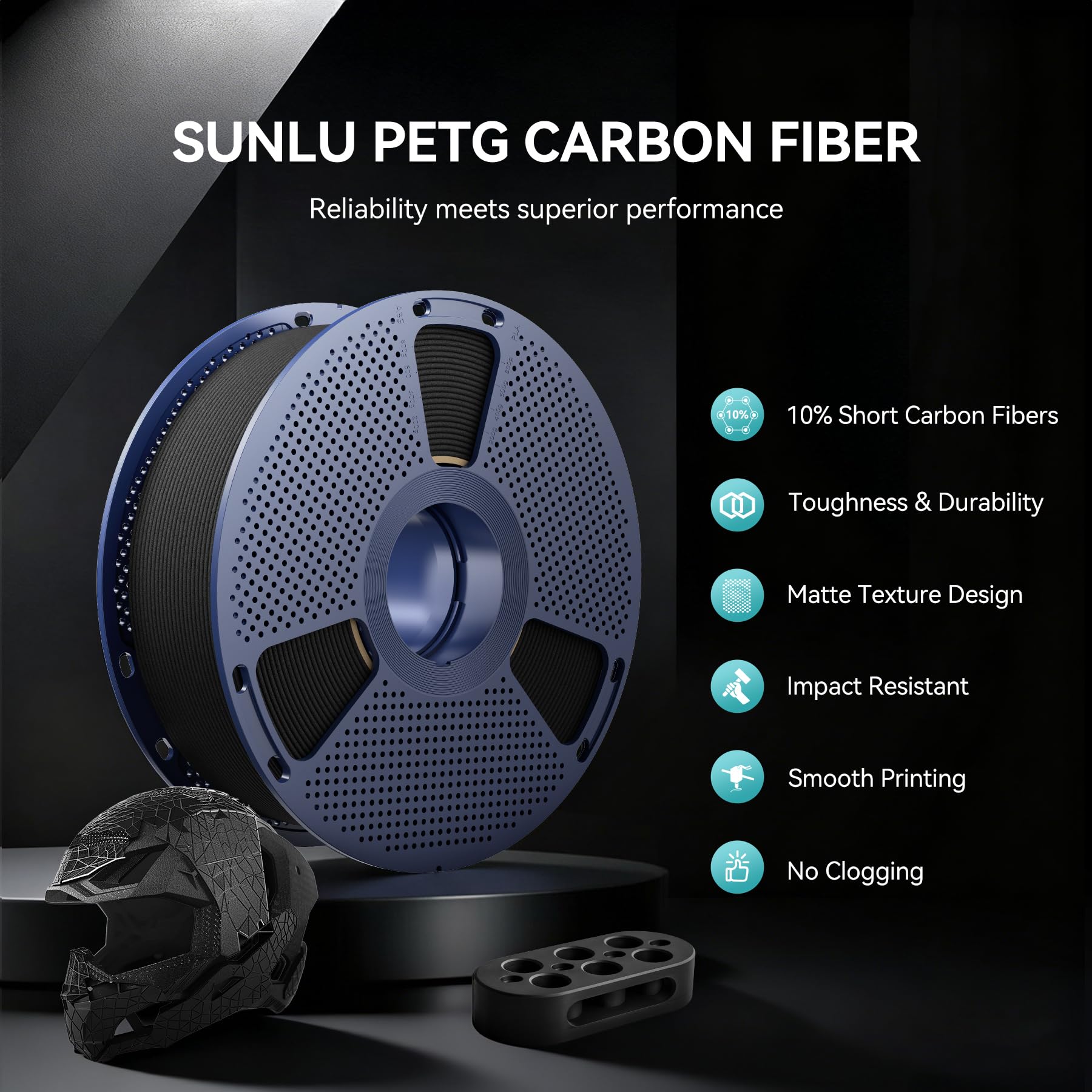 SUNLU Kohlefaser-PETG 3D-Druckerfilament 1,75 mm, erhöhte Festigkeit, hohe Steifigkeit, hitzebeständig, 10% Kohlefaser, kompatibel mit den meisten 3D-FDM-Druckern, 1-kg-Spule PETG-CF (Matt-Schwarz)