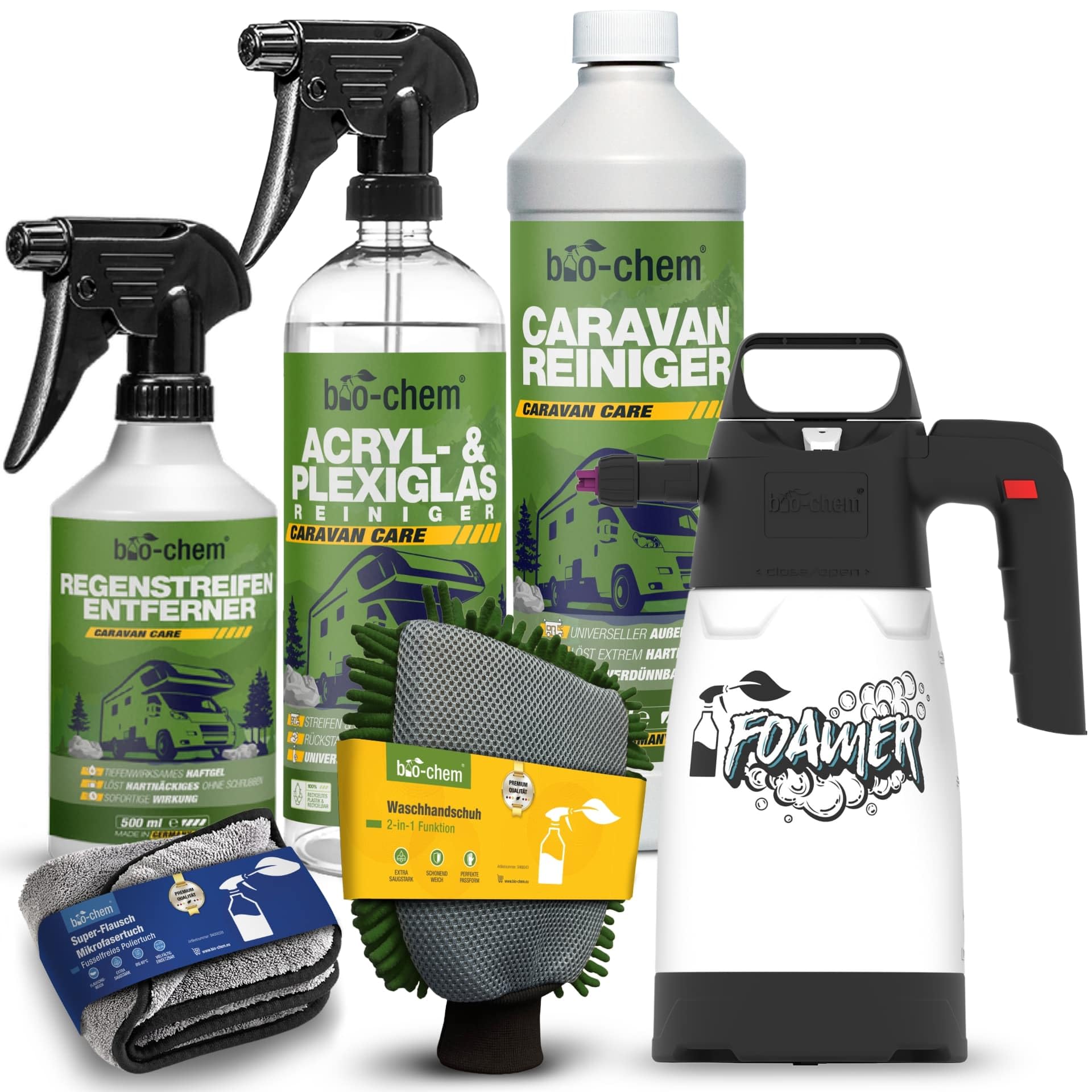 bio-chem Caravan & WoMo Buitenonderhoud Premium Set 8-delig - Professionele buitenreiniger & onderhoudsmiddel voor GFK, acrylglas, aluminium en kunststof voor camper, caravan - incl. microvezeldoek