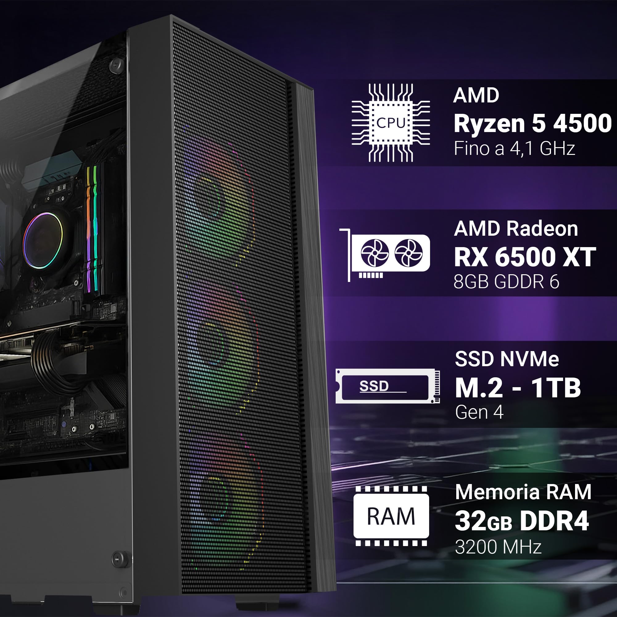 PC Gaming Fixed AMD Ryzen 5 4500 Gaming Computer per Windows 11 Pro - Dettaglio