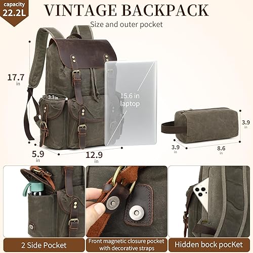 Miniatura 4 de Wogarl Vintage Leather Canvas Backpack, Waxed Canvas Shoulder Rucksack with Toiletry Shoulder Rucksack for Traveling, Camping, Hiking,Business