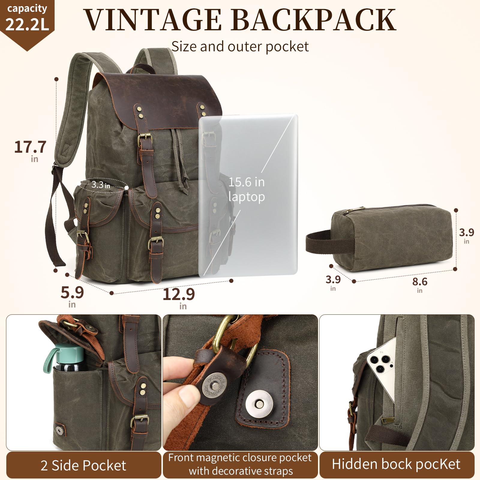 Wogarl Zaino vintage in pelle e tela, zaino a tracolla in tela cerata con articoli da toeletta per viaggi, campeggio, escursionismo, università d'affari, adatto per laptop da 17", verde, Verde