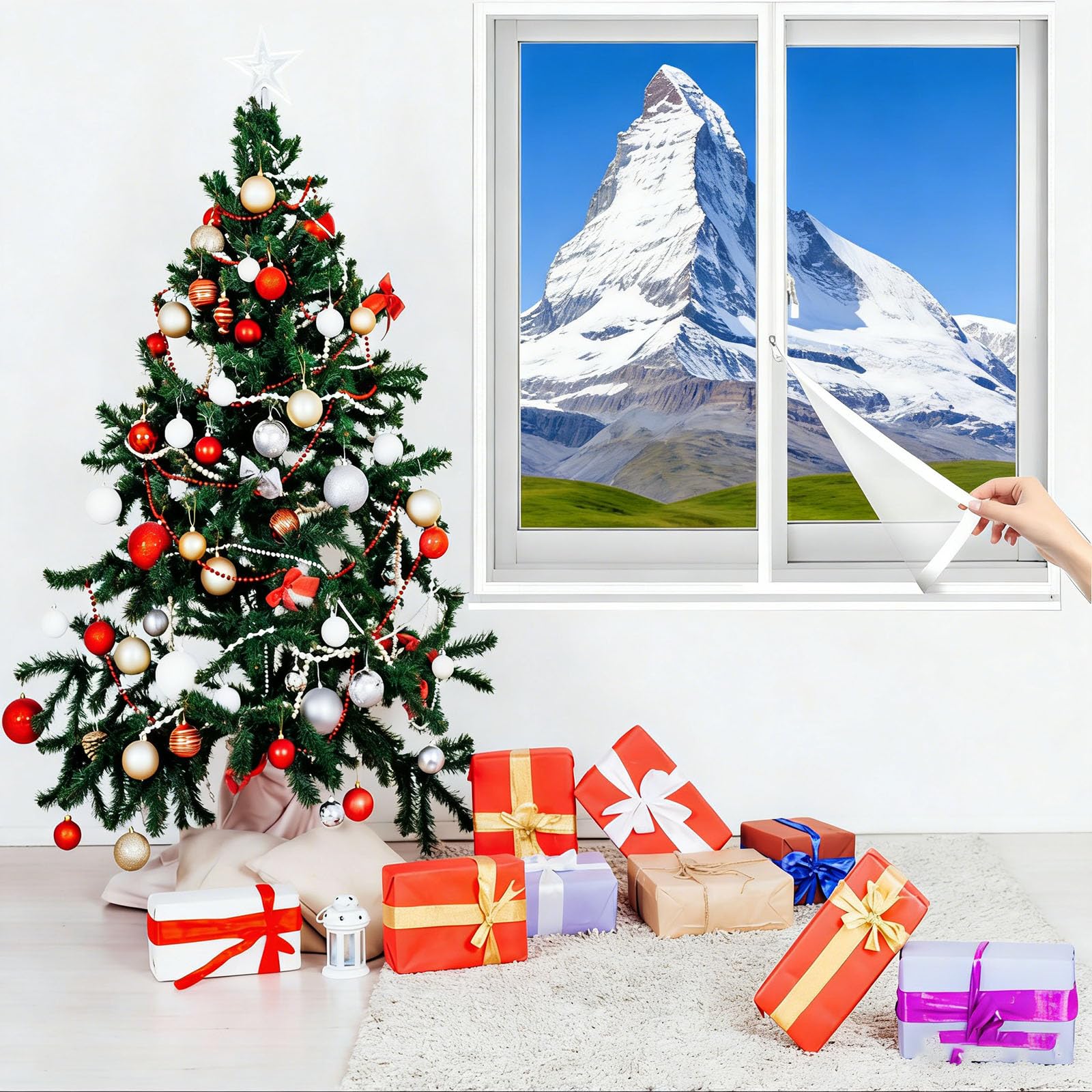Wärmeschutzvorhang 148 x 165 cm Staubdicht Winddicht Kälteschutz Fenster-Isolierfolie Ohne Bohren für Schiebetüren, Klimaanlagenraum, Weiß
