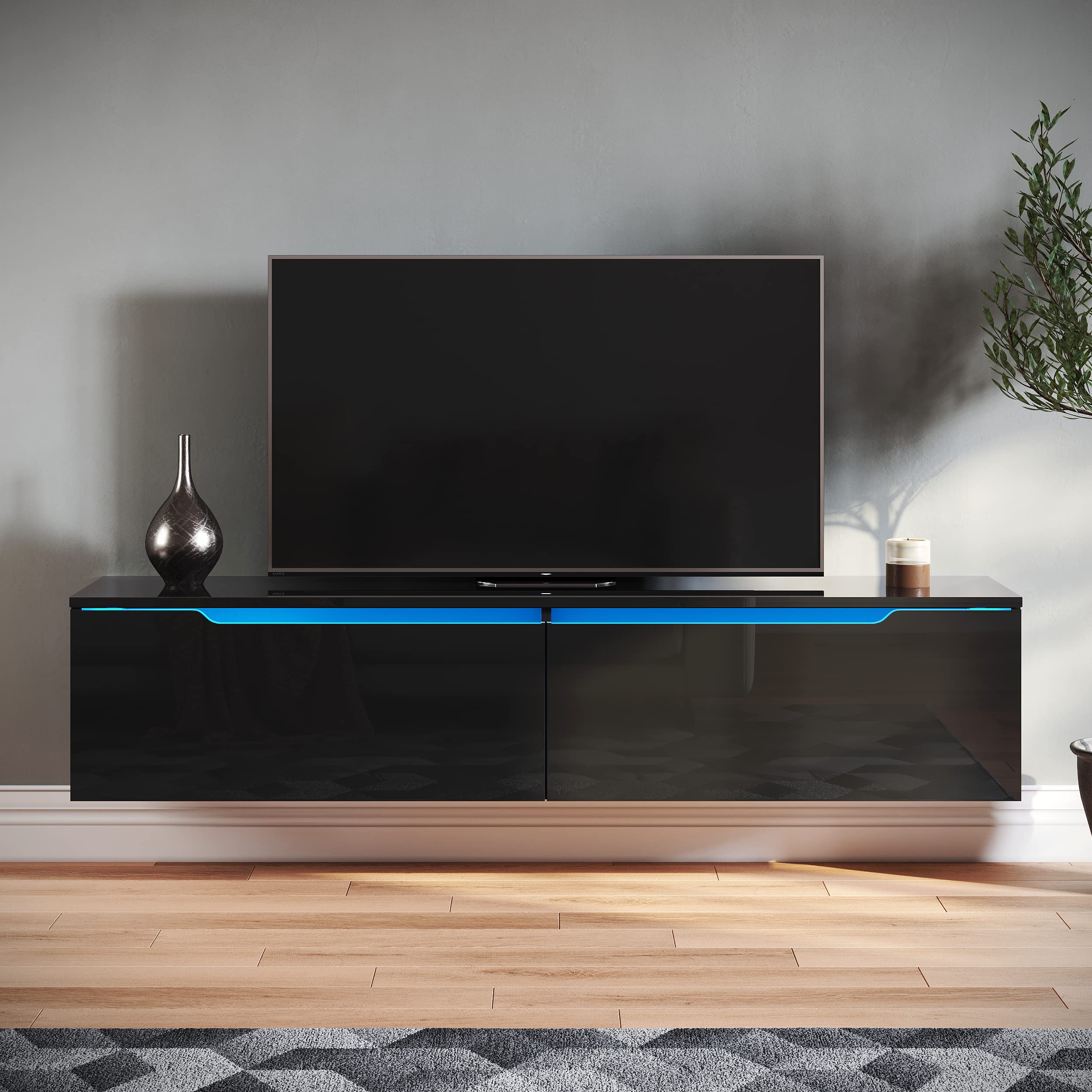 TV-meubel Met 3 Deuren En LED, Wandmeubel In Hoogglans Wit Gelakt En Zwart 180x35x30cm